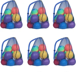 GSE Games & Sports Expert 6 Pack Blue Extra Large Mesh Sports Ball Drawstring Bag, 30" x 40" Soccer Equipment Bag with Adjustable Shoulder Strap for Football, Basketball, Volleyball, Swimming
