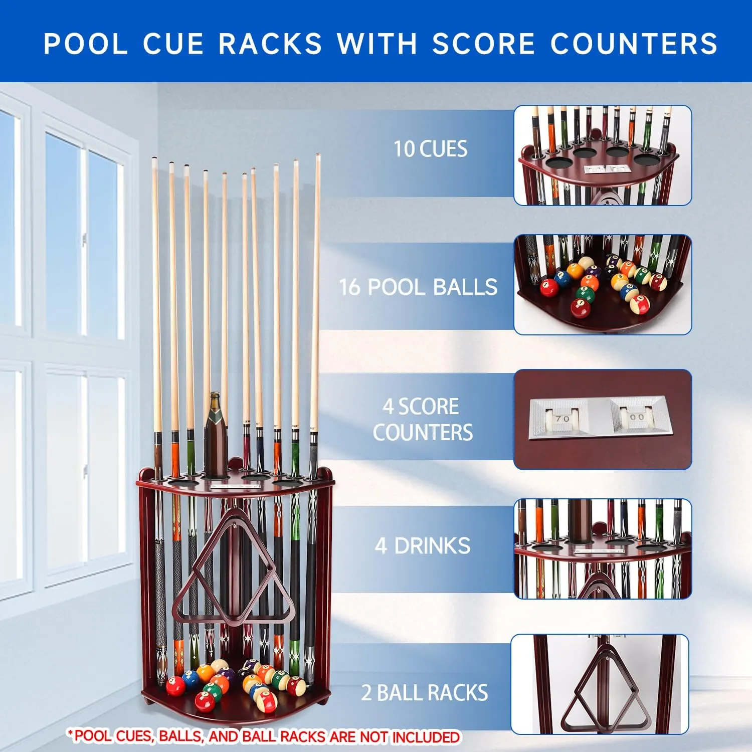 GSE Games & Sports Expert Corner-Style Floor Stand Billiard Pool Cue Racks with Score Counters, Holds Pool Cue Sticks, Balls Set, Ball Racks