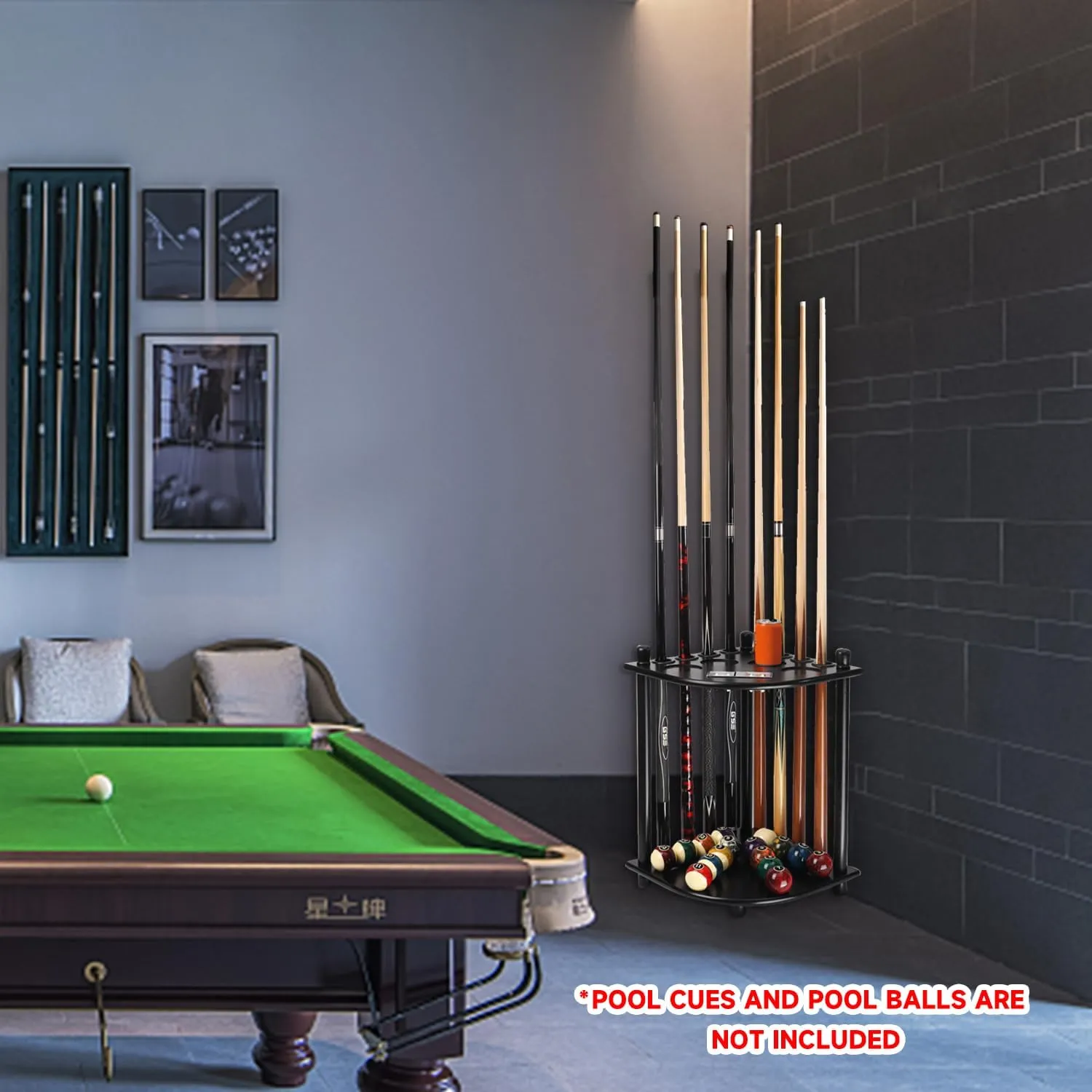 GSE Games & Sports Expert Corner-Style Floor Stand Billiard Pool Cue Racks with Score Counters, Holds Pool Cue Sticks, Balls Set, Ball Racks