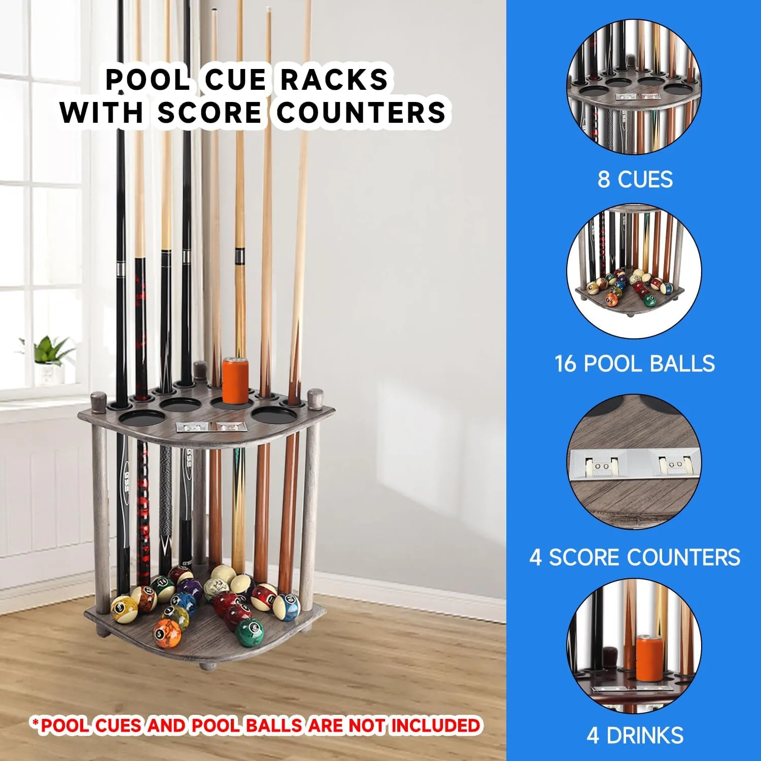 GSE Games & Sports Expert Corner-Style Floor Stand Billiard Pool Cue Racks with Score Counters, Holds Pool Cue Sticks, Balls Set, Ball Racks