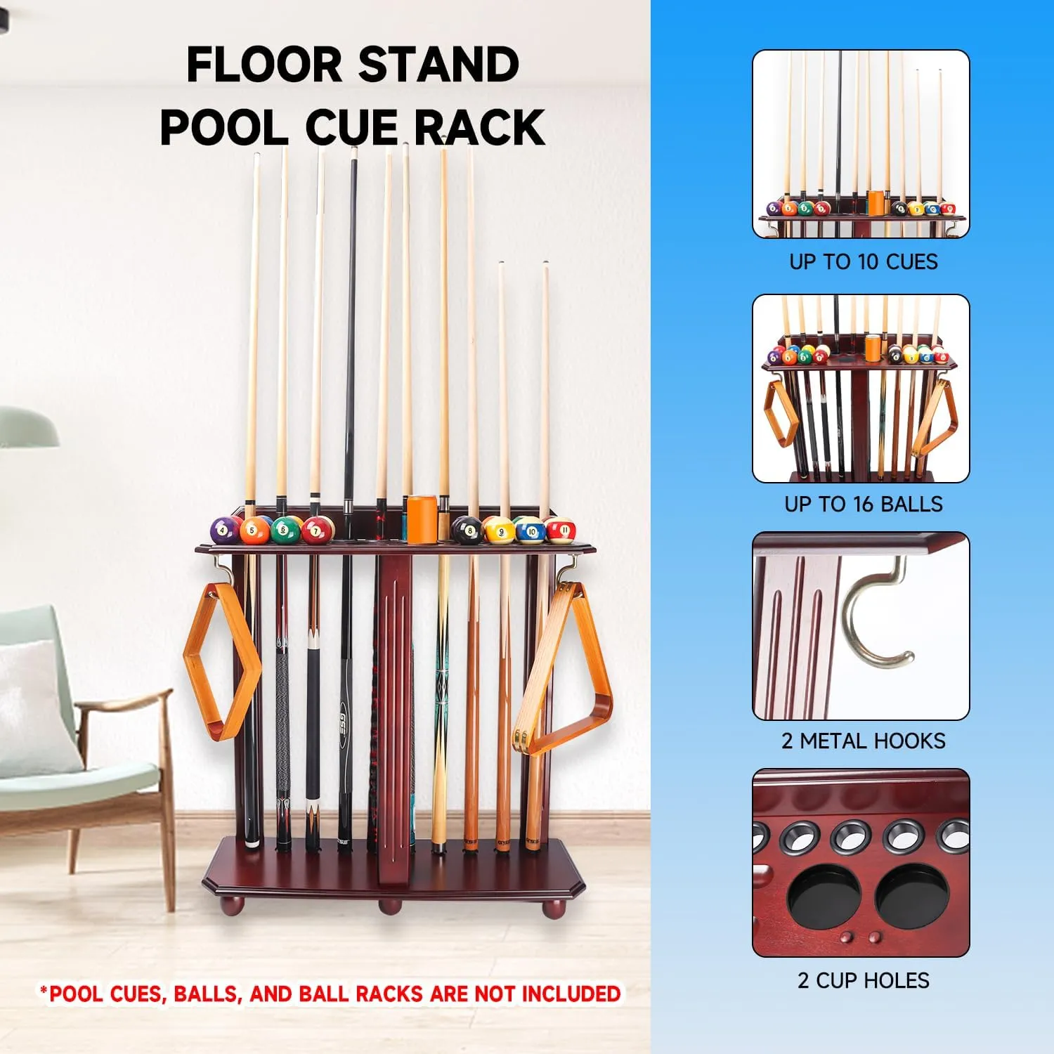 GSE Games & Sports Expert Corner-Style Floor Stand Billiard Pool Cue Racks with Score Counters, Holds Pool Cue Sticks, Balls Set, Ball Racks