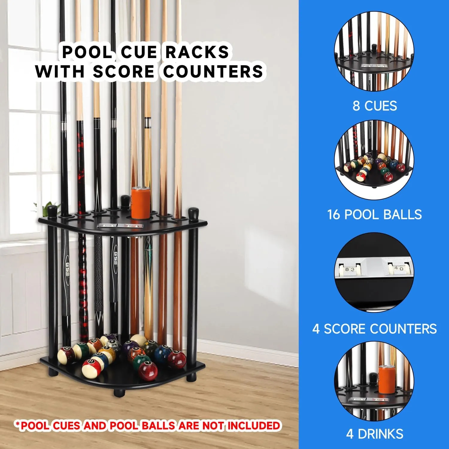 GSE Games & Sports Expert Corner-Style Floor Stand Billiard Pool Cue Racks with Score Counters, Holds Pool Cue Sticks, Balls Set, Ball Racks