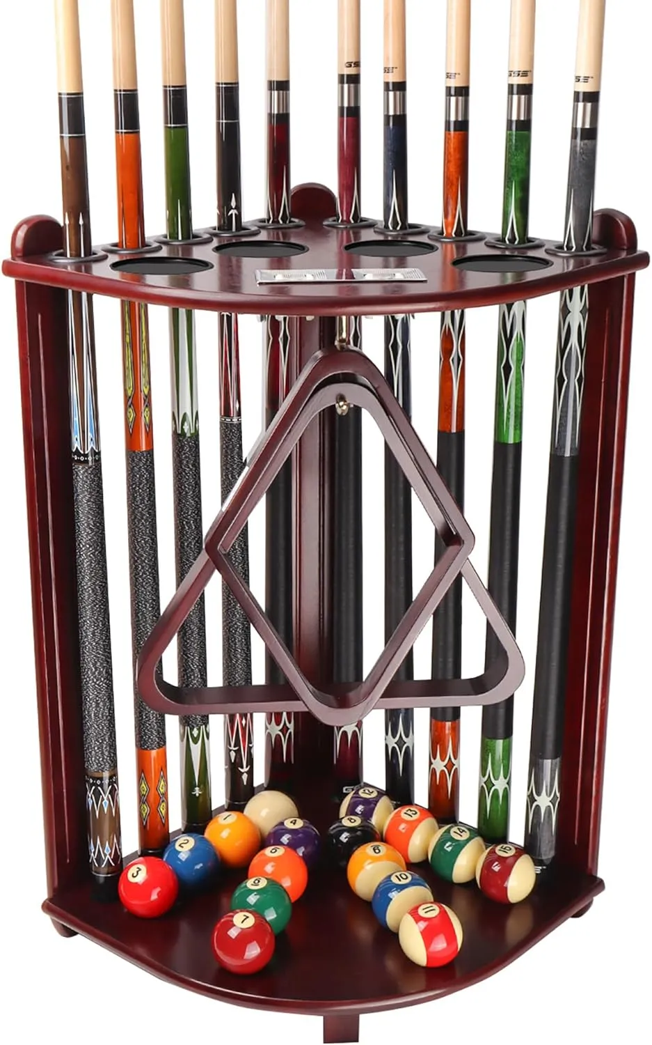 GSE Games & Sports Expert Corner-Style Floor Stand Billiard Pool Cue Racks with Score Counters, Holds Pool Cue Sticks, Balls Set, Ball Racks