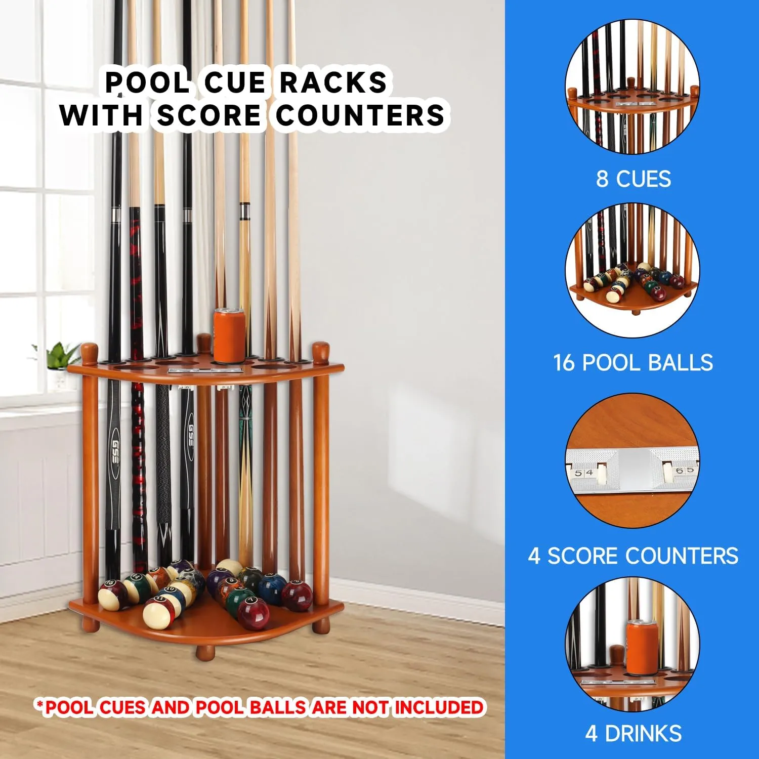 GSE Games & Sports Expert Corner-Style Floor Stand Billiard Pool Cue Racks with Score Counters, Holds Pool Cue Sticks, Balls Set, Ball Racks