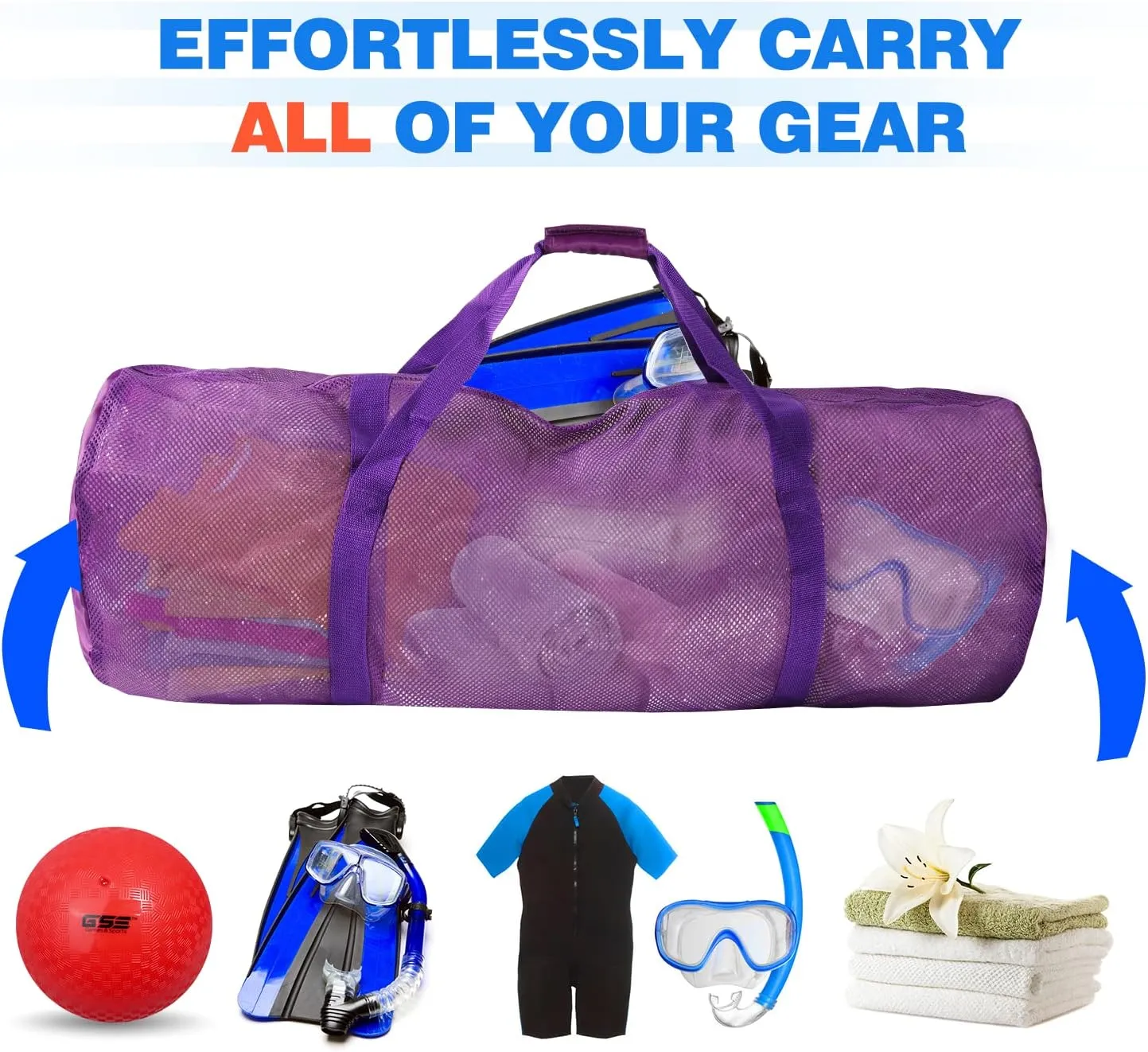 GSE Games & Sports Expert Purple Large Mesh Duffel Bag with Zipper for Gym Gear, Sports Balls, Scuba Gear, Snorkeling, Diving, Rafting, Water Sports