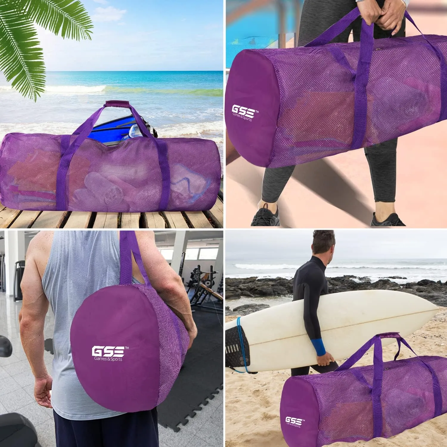 GSE Games & Sports Expert Purple Large Mesh Duffel Bag with Zipper for Gym Gear, Sports Balls, Scuba Gear, Snorkeling, Diving, Rafting, Water Sports
