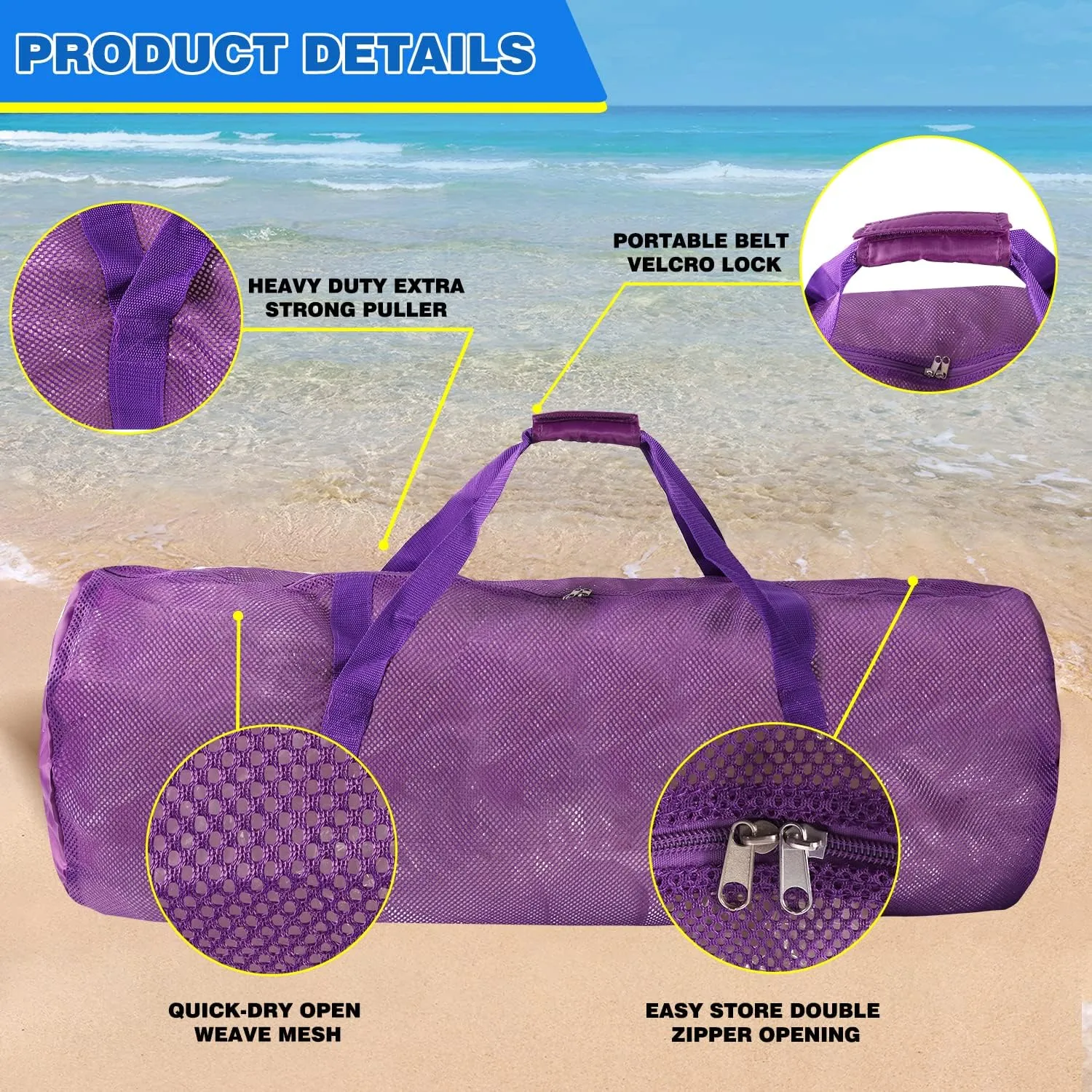 GSE Games & Sports Expert Purple Large Mesh Duffel Bag with Zipper for Gym Gear, Sports Balls, Scuba Gear, Snorkeling, Diving, Rafting, Water Sports