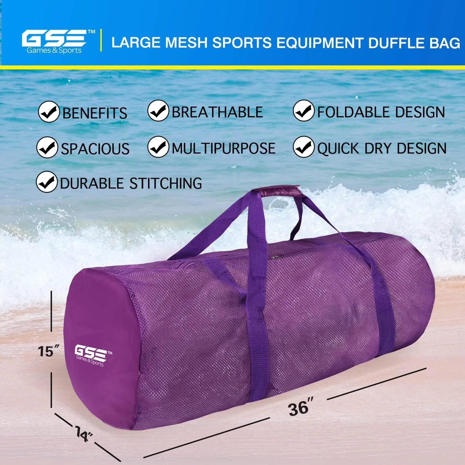 GSE Games & Sports Expert Purple Large Mesh Duffel Bag with Zipper for Gym Gear, Sports Balls, Scuba Gear, Snorkeling, Diving, Rafting, Water Sports