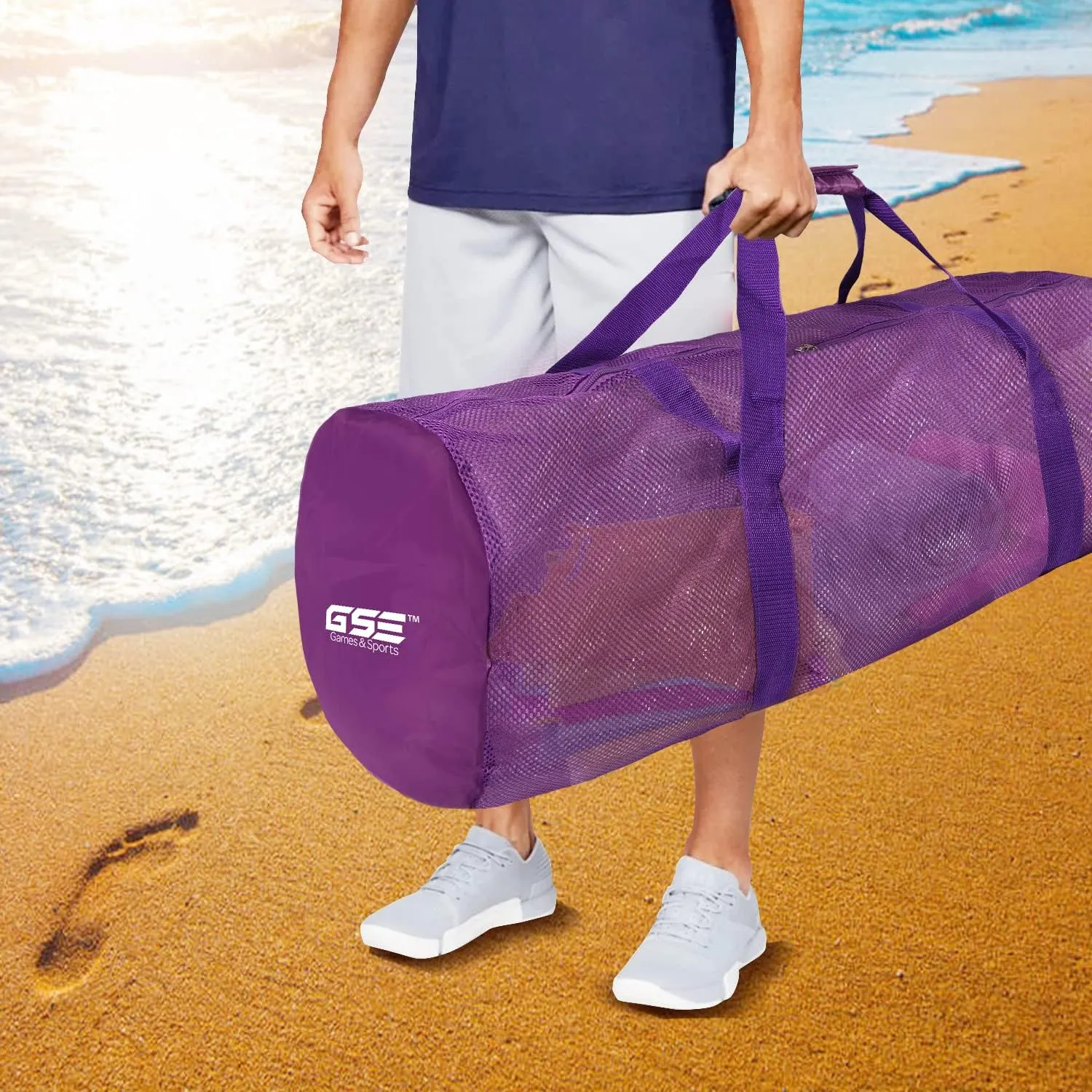 GSE Games & Sports Expert Purple Large Mesh Duffel Bag with Zipper for Gym Gear, Sports Balls, Scuba Gear, Snorkeling, Diving, Rafting, Water Sports
