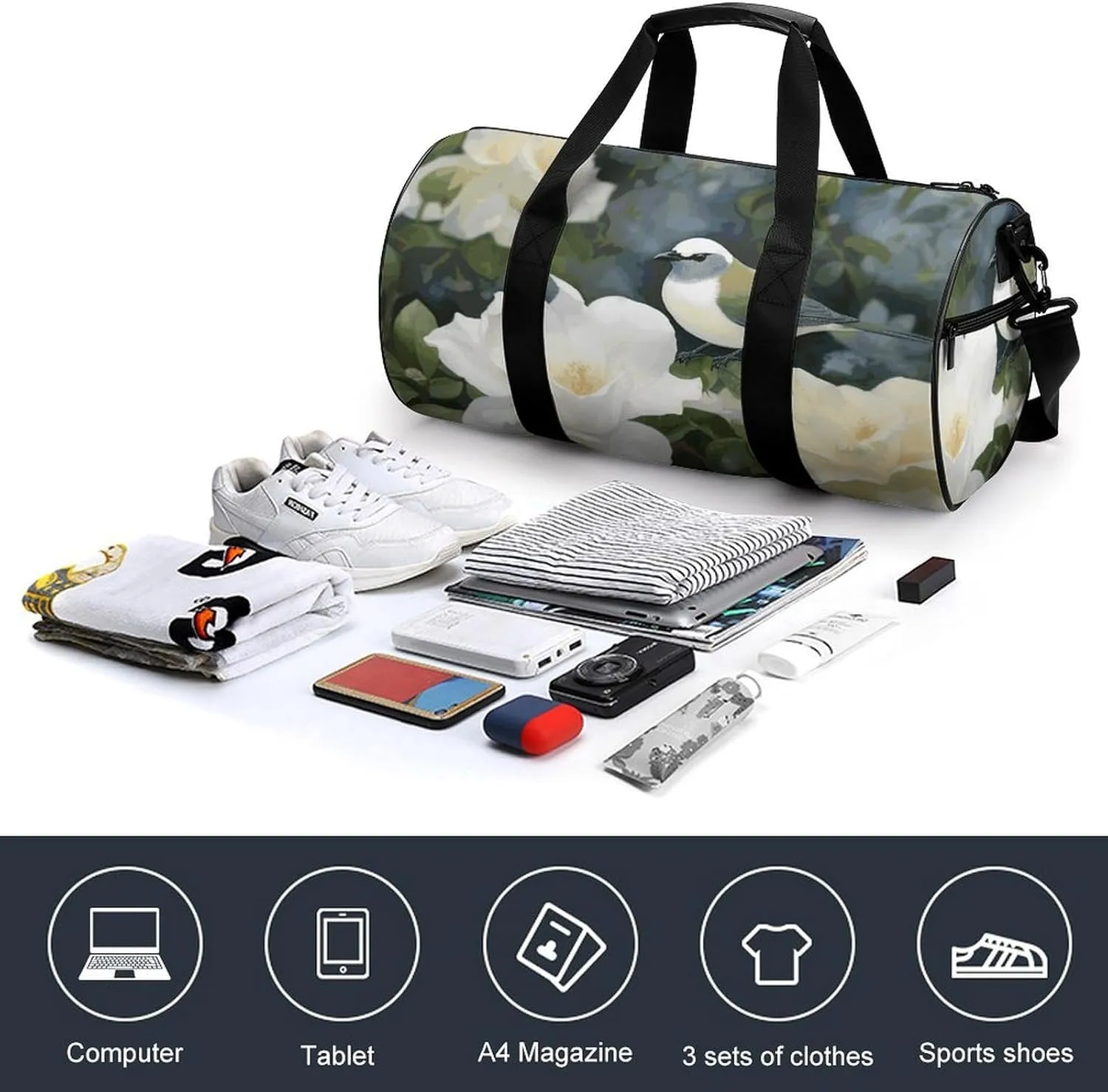 Gym Bag for Men Women Gardenia Flowers Birds Duffel Bag Overnight Bag with Compartment Gym Sackpac