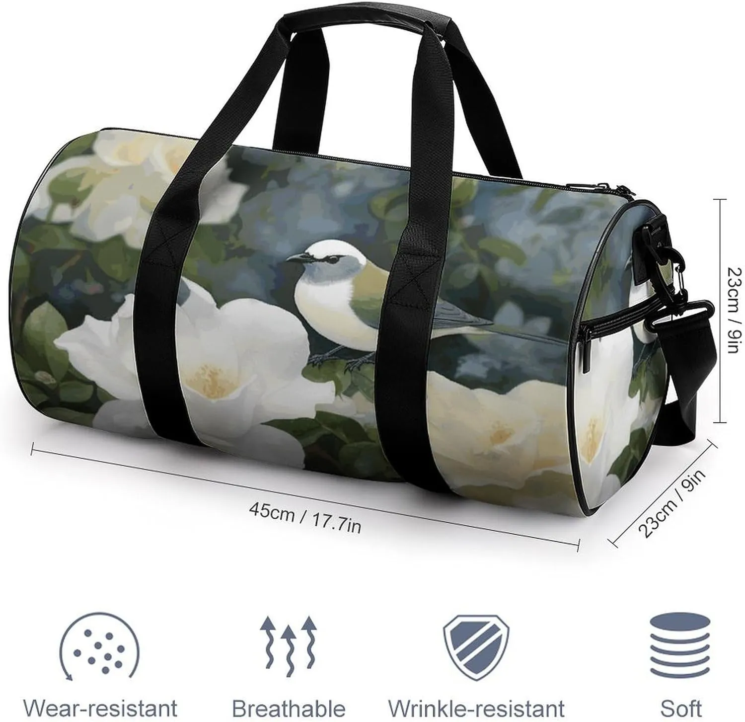 Gym Bag for Men Women Gardenia Flowers Birds Duffel Bag Overnight Bag with Compartment Gym Sackpac