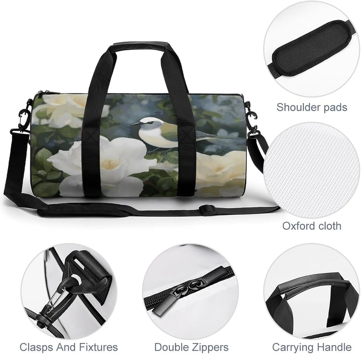 Gym Bag for Men Women Gardenia Flowers Birds Duffel Bag Overnight Bag with Compartment Gym Sackpac
