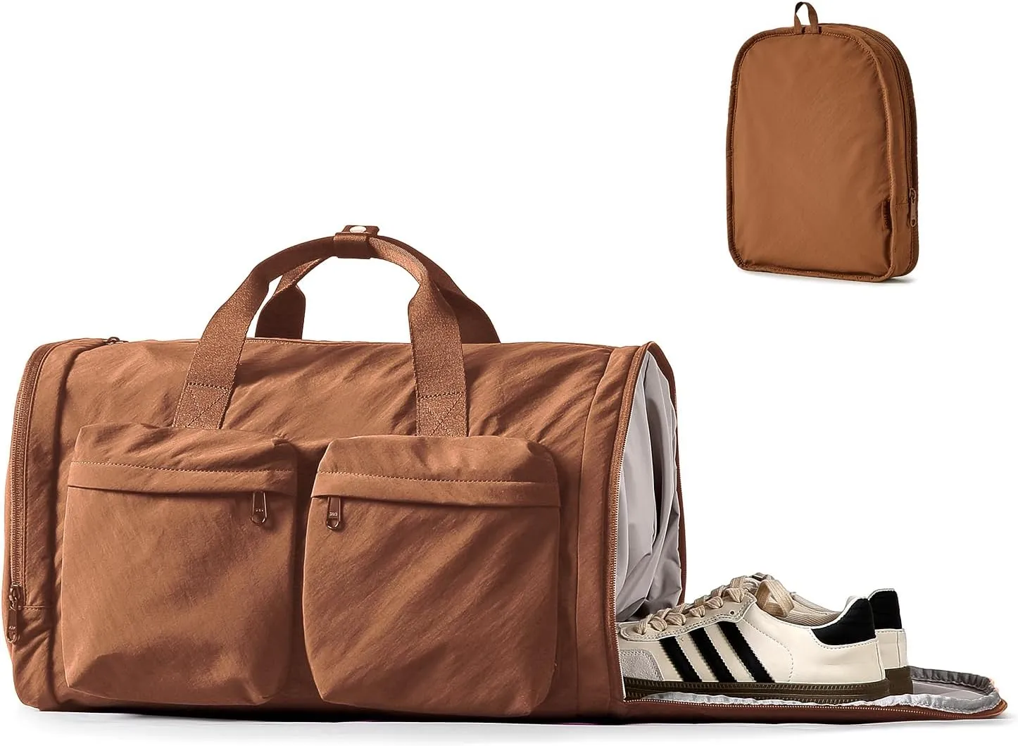 Gym Bag for Women Men with Shoes Compartment, 3 in 1 Carry on Travel Duffel Bags with Trolley Sleeve, Lightweight&Water Resistant Gym Duffel Bag for Travel, Sports, Fitness & Workout(Warm Brown)