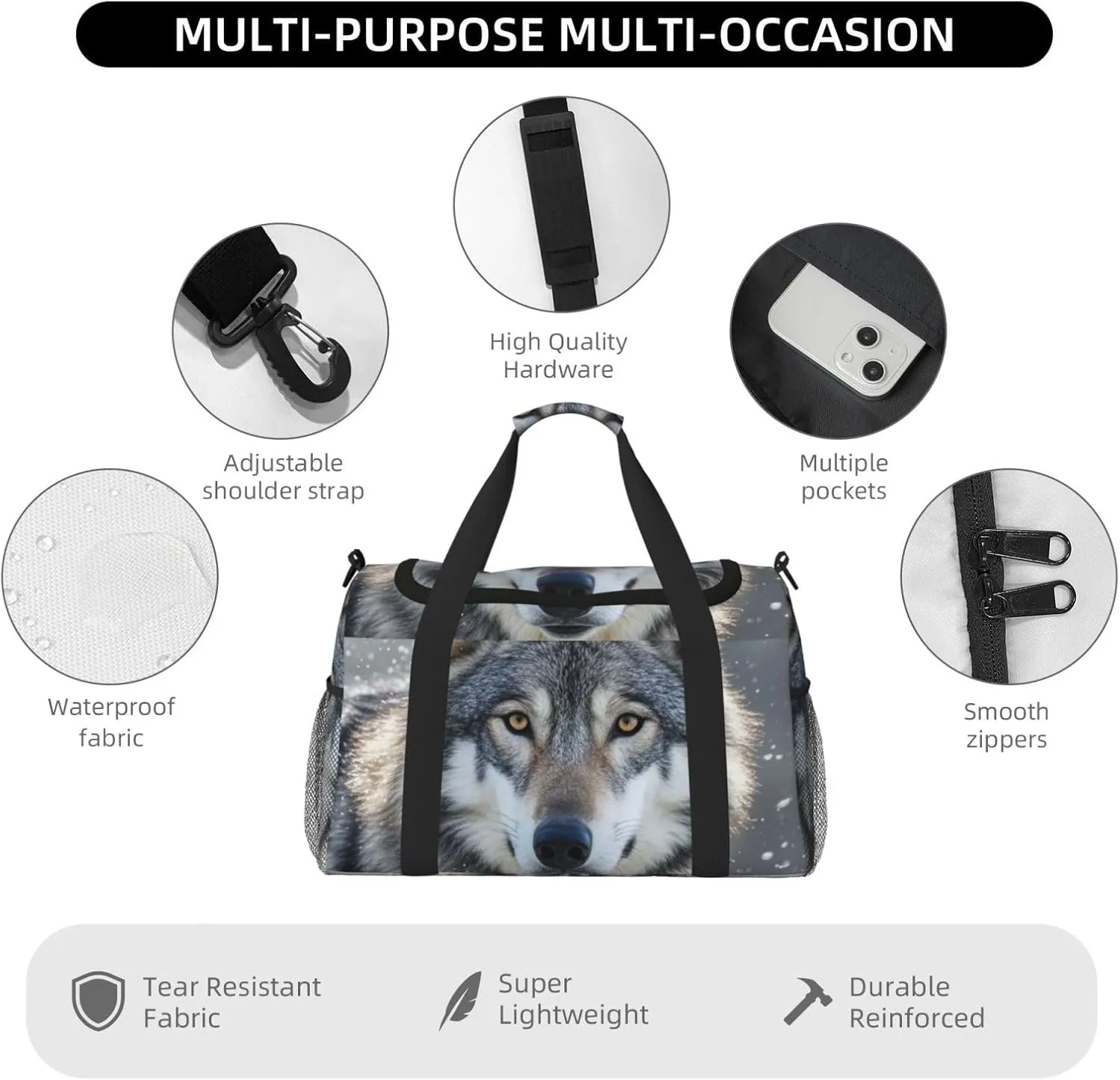 Gym Bag Wild Wild Gray Wolf Duffel Bag for Men Women Travel Overnight Bag with Shoe Compartment Workout Bags