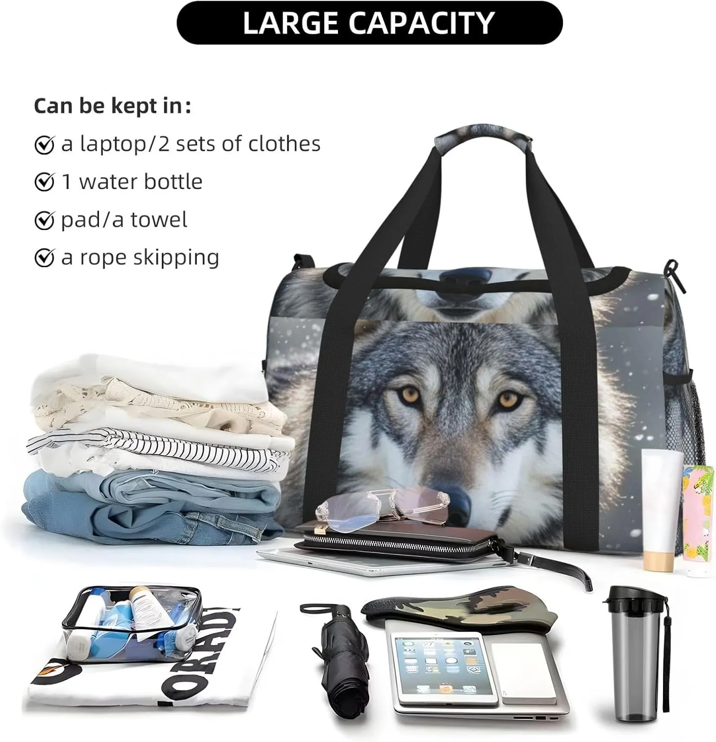 Gym Bag Wild Wild Gray Wolf Duffel Bag for Men Women Travel Overnight Bag with Shoe Compartment Workout Bags