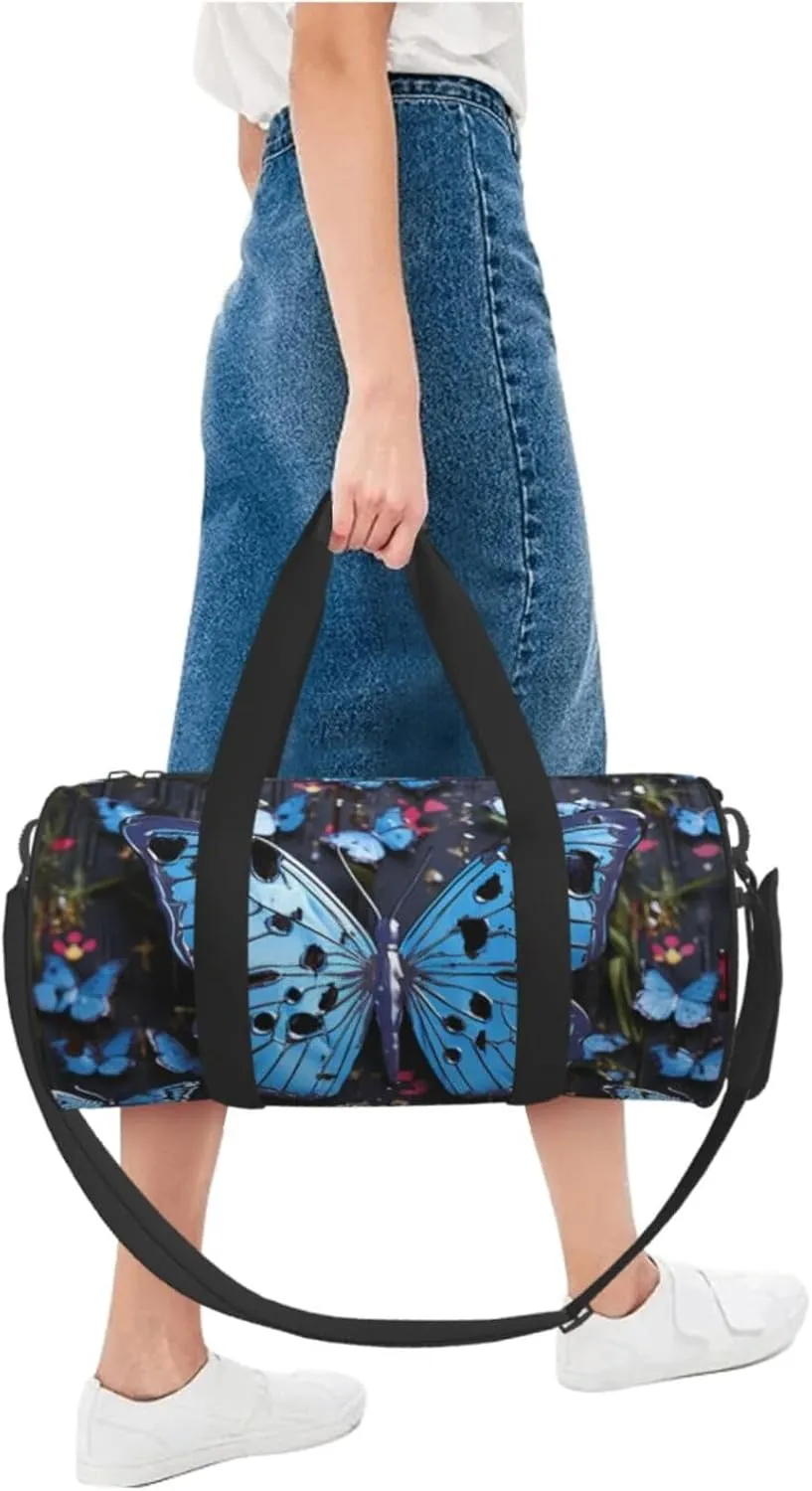 Gym Bags Small Blue butterfly Duffel Bag Overnight Bag with Shoe Compartment Carryon Bag for Men Women