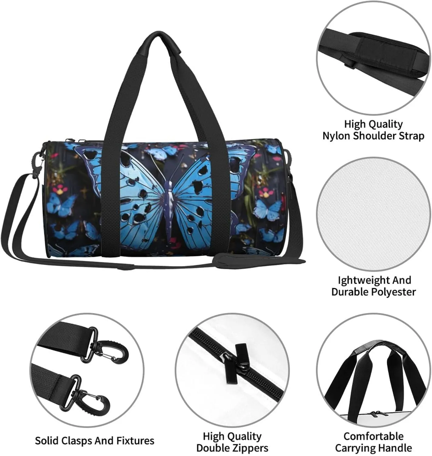 Gym Bags Small Blue butterfly Duffel Bag Overnight Bag with Shoe Compartment Carryon Bag for Men Women