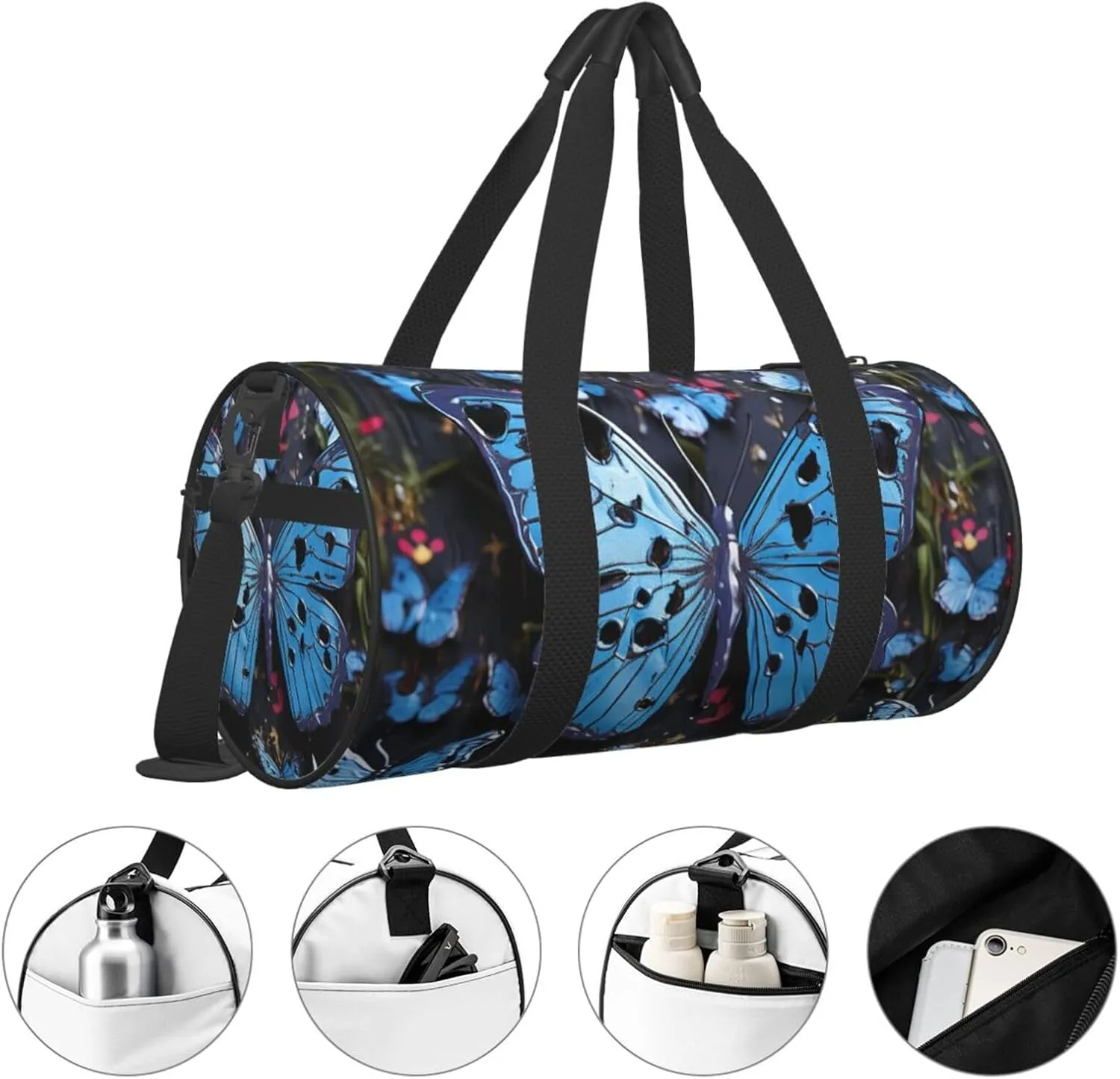 Gym Bags Small Blue butterfly Duffel Bag Overnight Bag with Shoe Compartment Carryon Bag for Men Women