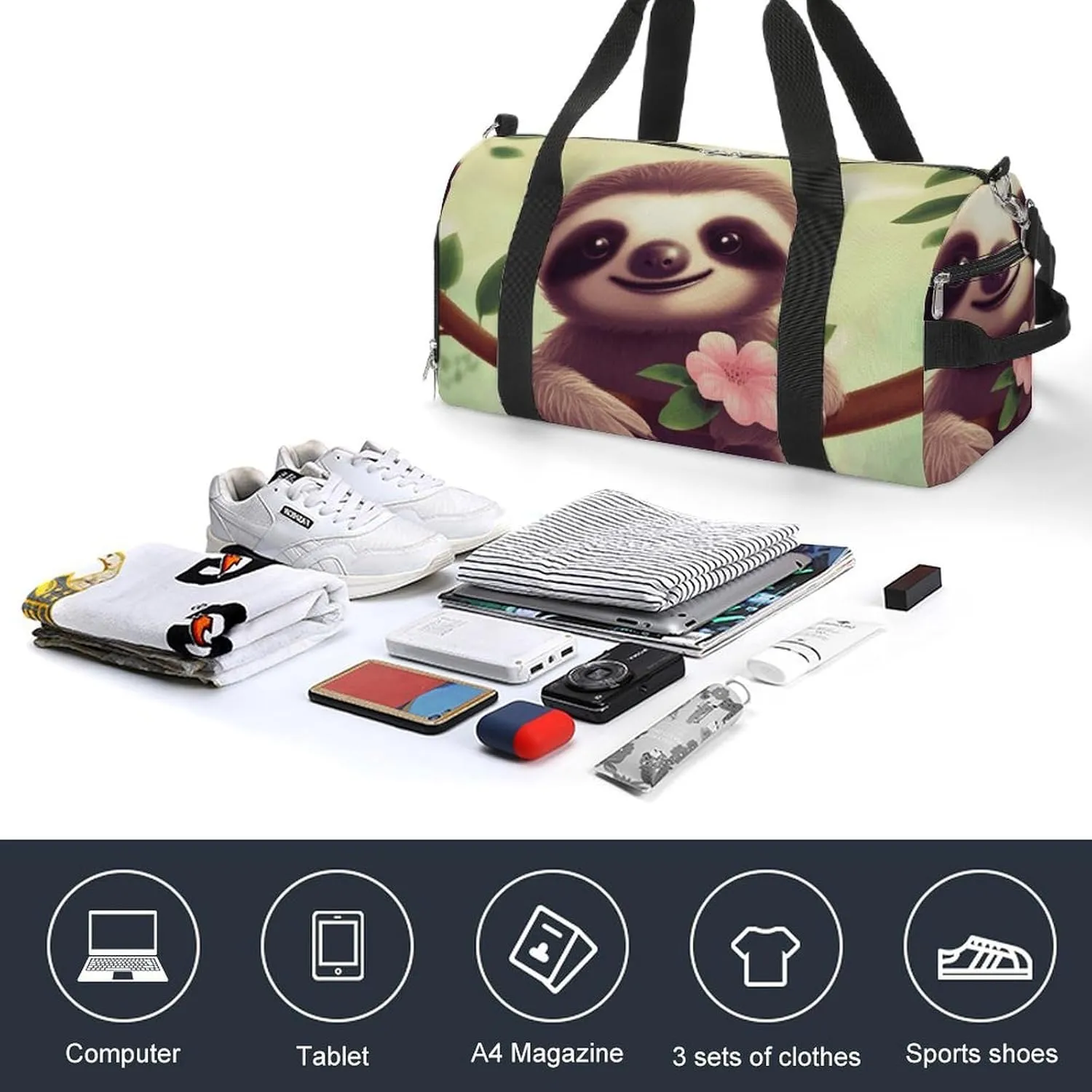 Gym Bags Small Cute Sloth Duffel Bag Overnight Bag with Shoe Compartment Carryon Bag for Men Women
