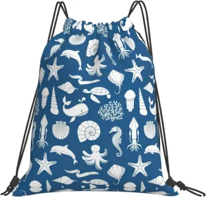 Gym Underwater Marine Life Print Drawstring Bag - Lightweight Nylon Sport Sackpack for Travel, Yoga, Dance, Hiking, Basketball, and More