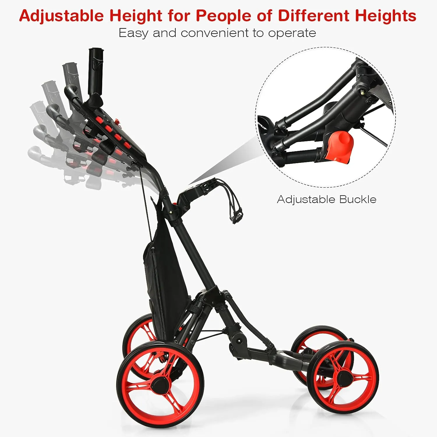 GYMAX Folding Golf Push Cart, Height Adjustable Portable Caddy Cart with Umbrella Holder, Waterproof Bag, Built-in Cooler & Foot Brake, Quick Fold/Unfold Golf Trolley for Club
