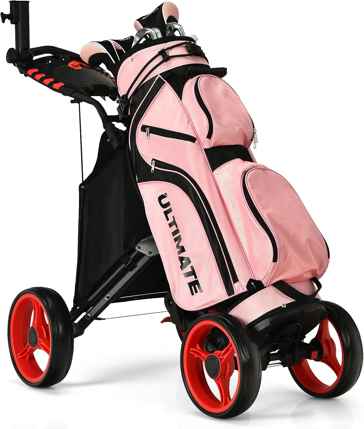 GYMAX Folding Golf Push Cart, Height Adjustable Portable Caddy Cart with Umbrella Holder, Waterproof Bag, Built-in Cooler & Foot Brake, Quick Fold/Unfold Golf Trolley for Club
