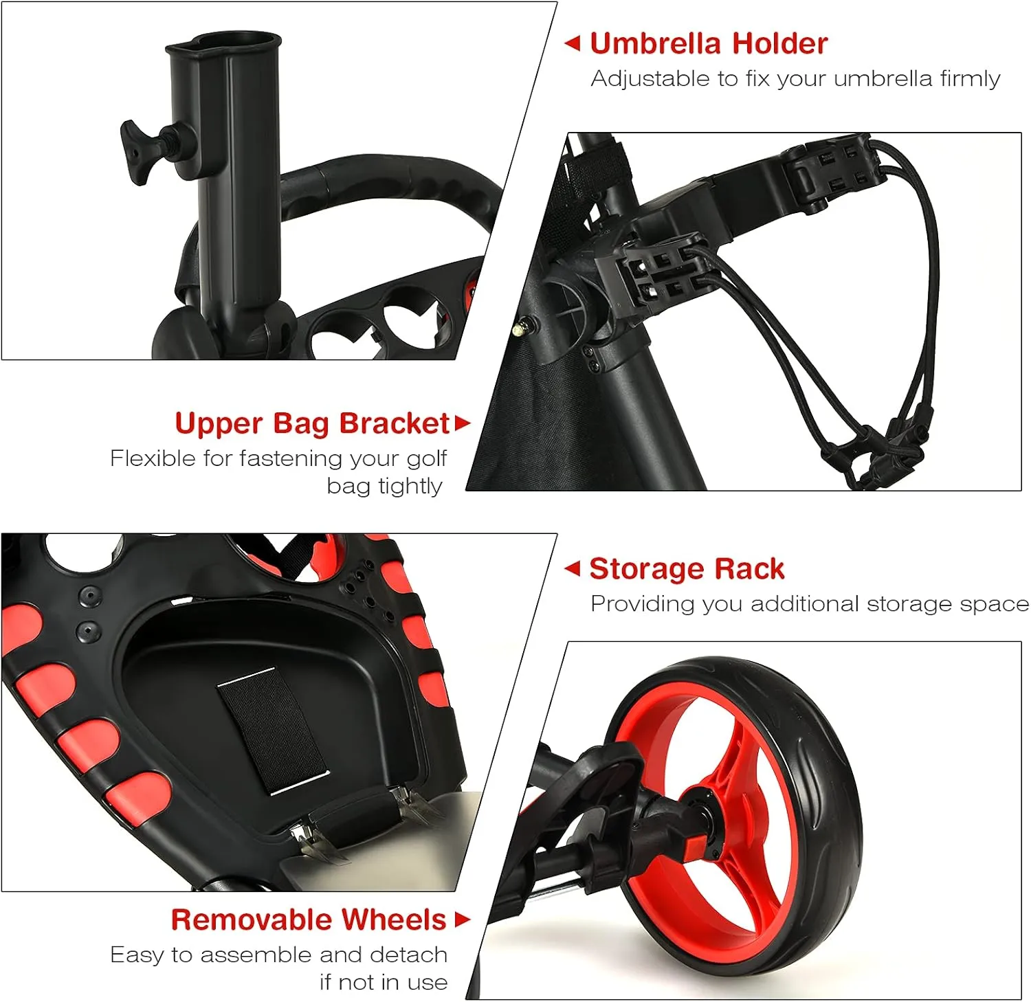 GYMAX Folding Golf Push Cart, Height Adjustable Portable Caddy Cart with Umbrella Holder, Waterproof Bag, Built-in Cooler & Foot Brake, Quick Fold/Unfold Golf Trolley for Club