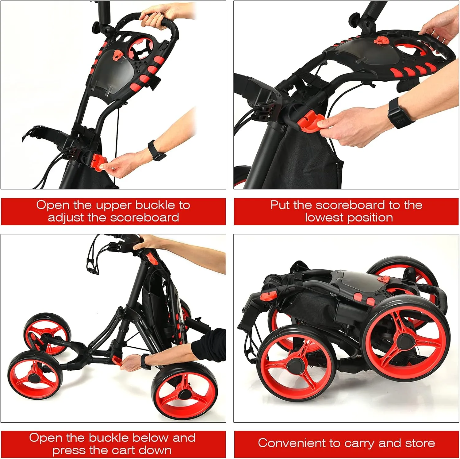 GYMAX Folding Golf Push Cart, Height Adjustable Portable Caddy Cart with Umbrella Holder, Waterproof Bag, Built-in Cooler & Foot Brake, Quick Fold/Unfold Golf Trolley for Club