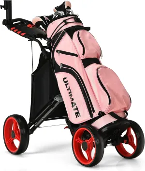 GYMAX Folding Golf Push Cart, Height Adjustable Portable Caddy Cart with Umbrella Holder, Waterproof Bag, Built-in Cooler & Foot Brake, Quick Fold/Unfold Golf Trolley for Club