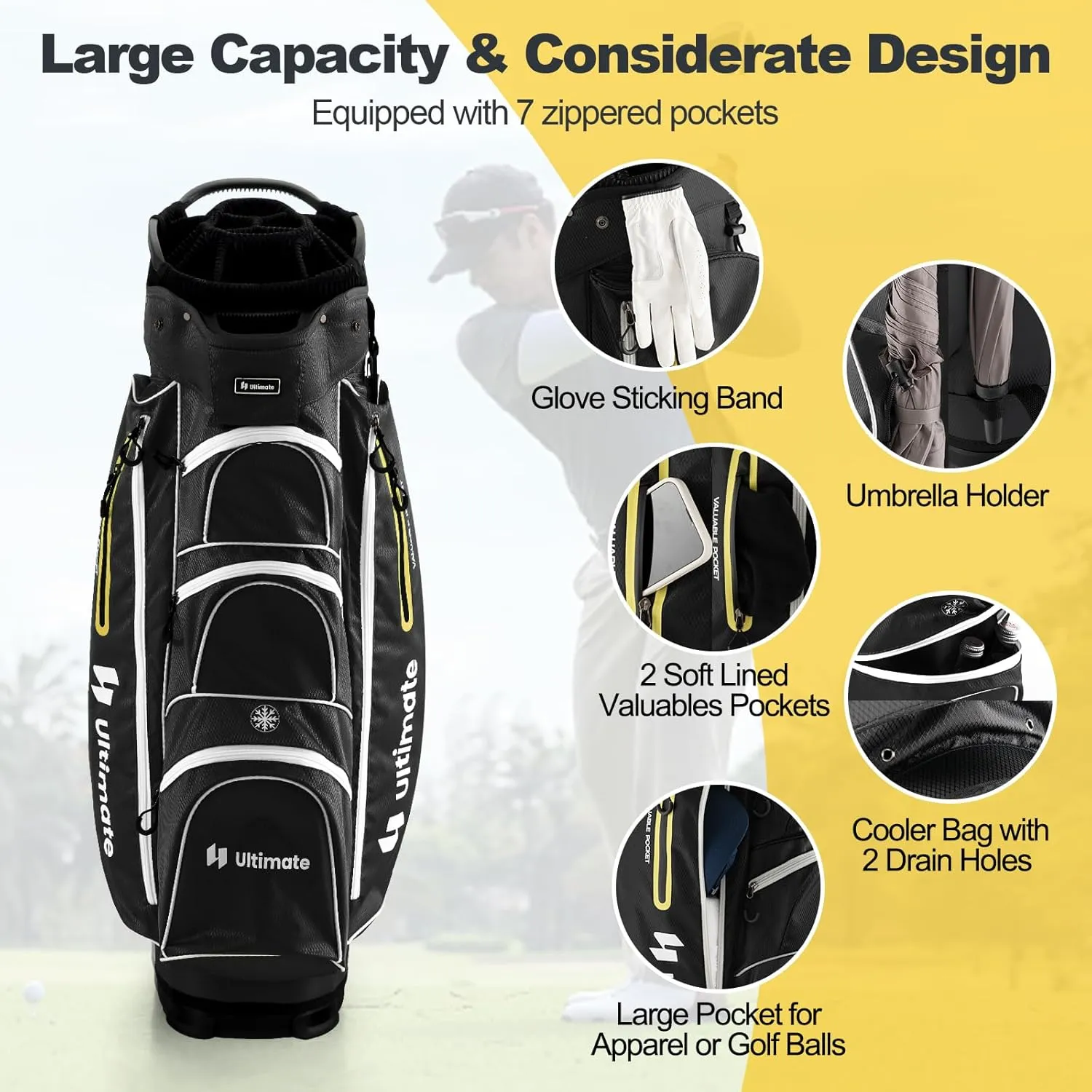 GYMAX Golf Cart Bag, 15-Way Divider with 7 Pockets, Rain Hood, Umbrella Holder & Gloves Stickers, Unisex Adults Golf Clubs Bag