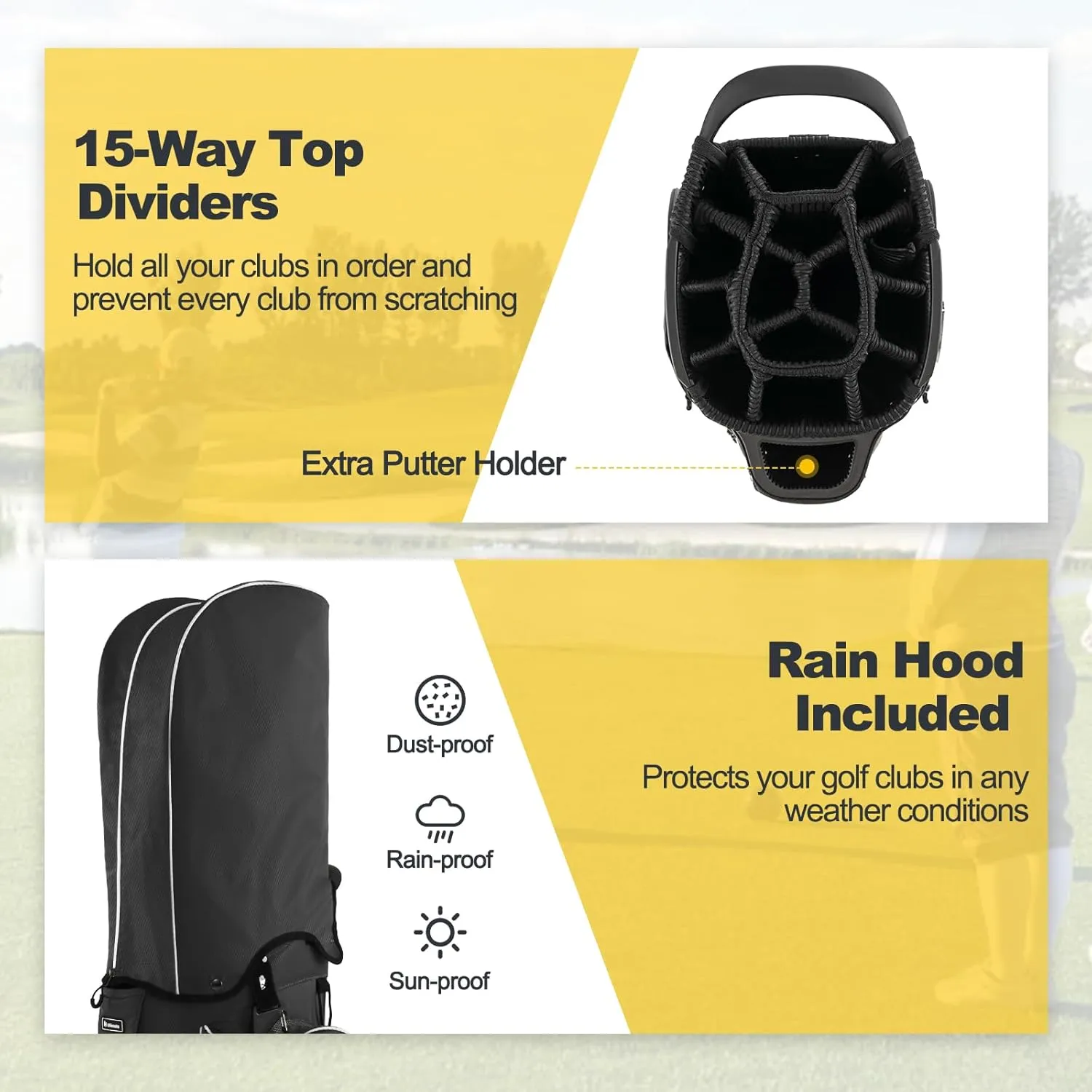 GYMAX Golf Cart Bag, 15-Way Divider with 7 Pockets, Rain Hood, Umbrella Holder & Gloves Stickers, Unisex Adults Golf Clubs Bag