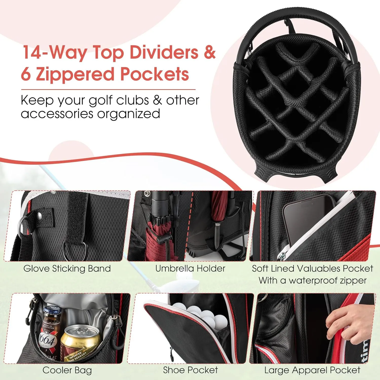 GYMAX Golf Stand Bag, 14 Way Golf Bag with 6 Pockets, Dual Shoulder Strap, Rain Hood & Umbrella Holder, Lightweight Portable Golf Clubs Bag for Men Women