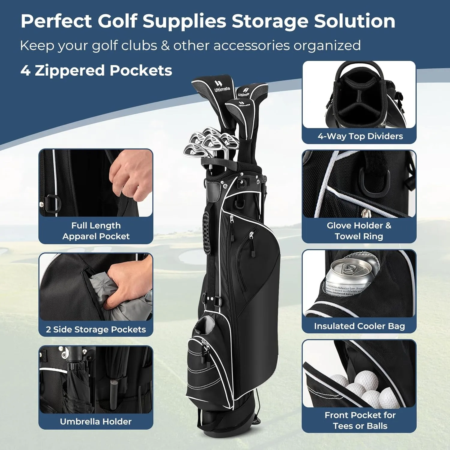 GYMAX Golf Stand Bag, 4 Way Divider Golf Bag with 4 Zippered Pockets, Cooler Bag, Rain Hood & Padded Shoulder Strap, Lightweight Portable Pitch n Putt Golf Clubs Bag for Men/Women
