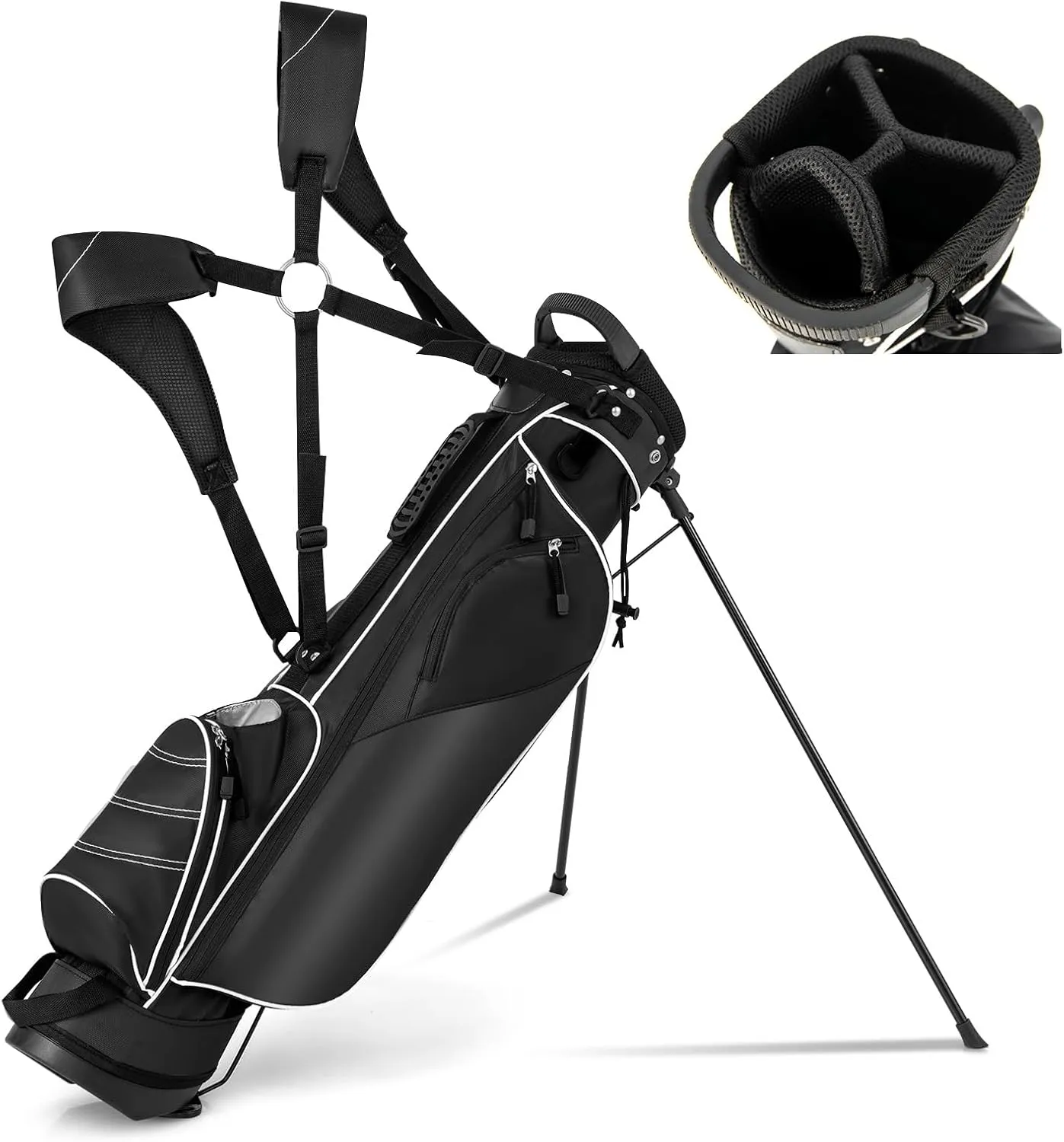 GYMAX Golf Stand Bag, 4 Way Divider Golf Bag with 4 Zippered Pockets, Cooler Bag, Rain Hood & Padded Shoulder Strap, Lightweight Portable Pitch n Putt Golf Clubs Bag for Men/Women
