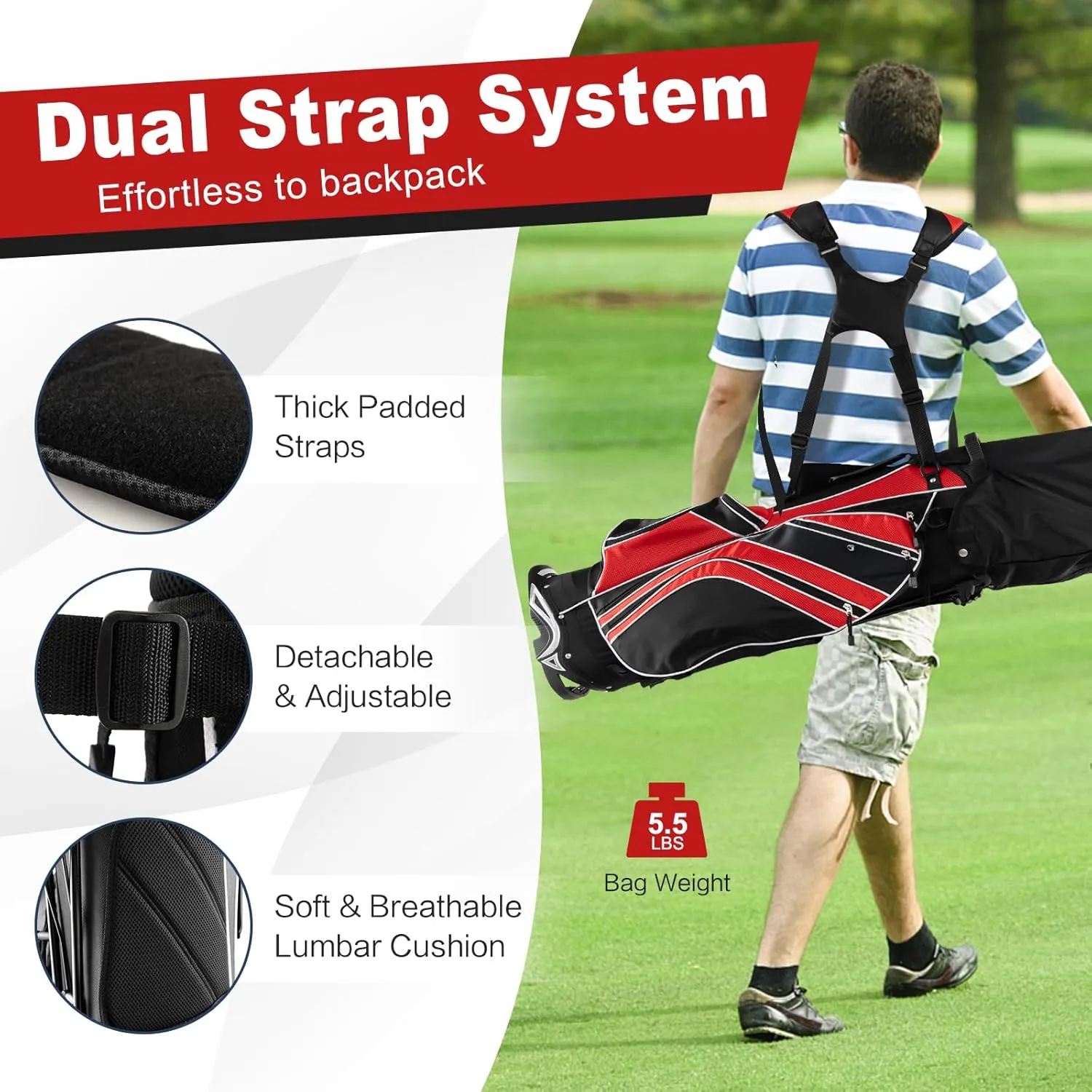 GYMAX Golf Stand Bag, 6 Way Divider Golf Club Bag with 8 Pockets, Rain Hood, Umbrella Holder & Glove Sticker, Portable Lightweight Golf Bag for Men Women