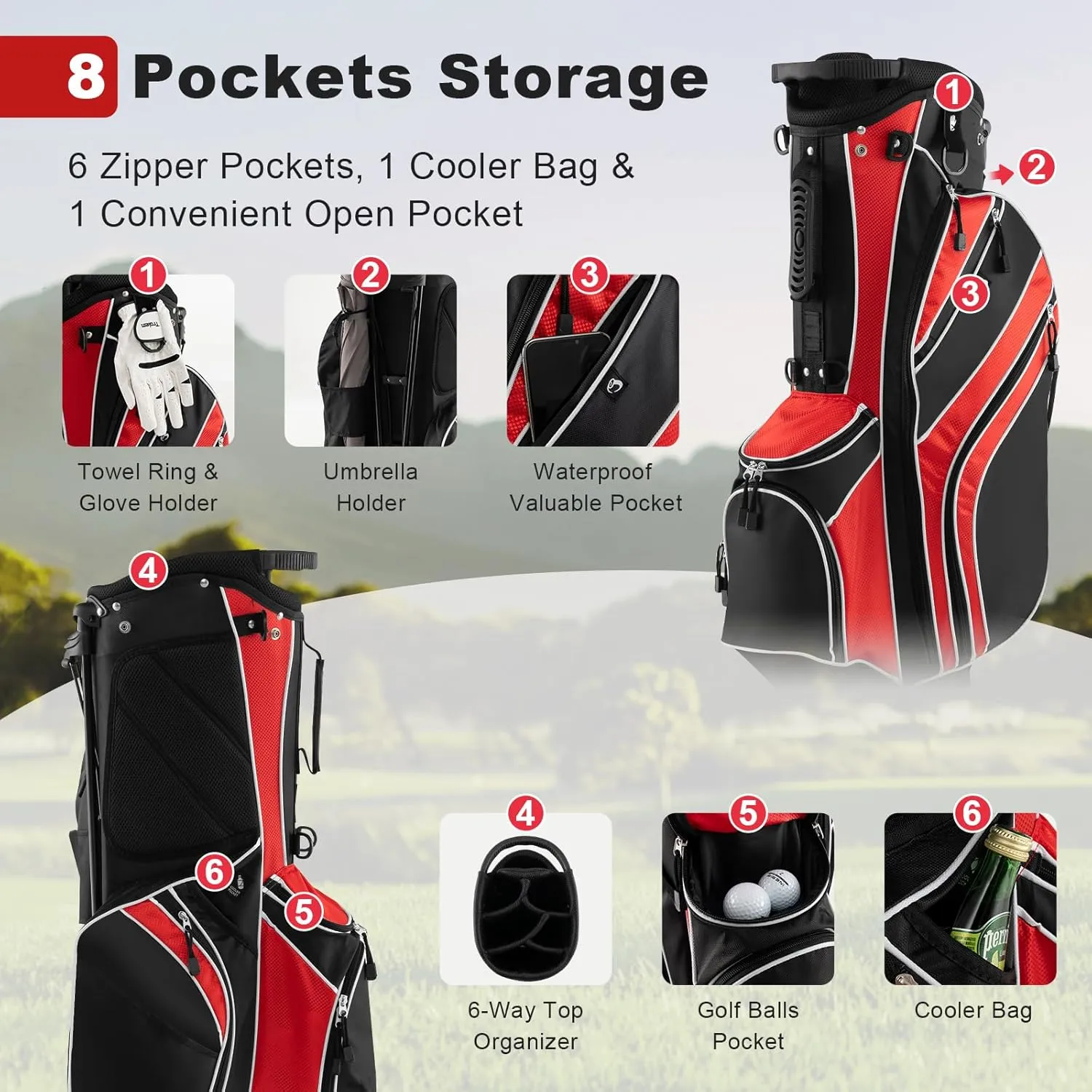 GYMAX Golf Stand Bag, 6 Way Divider Golf Club Bag with 8 Pockets, Rain Hood, Umbrella Holder & Glove Sticker, Portable Lightweight Golf Bag for Men Women