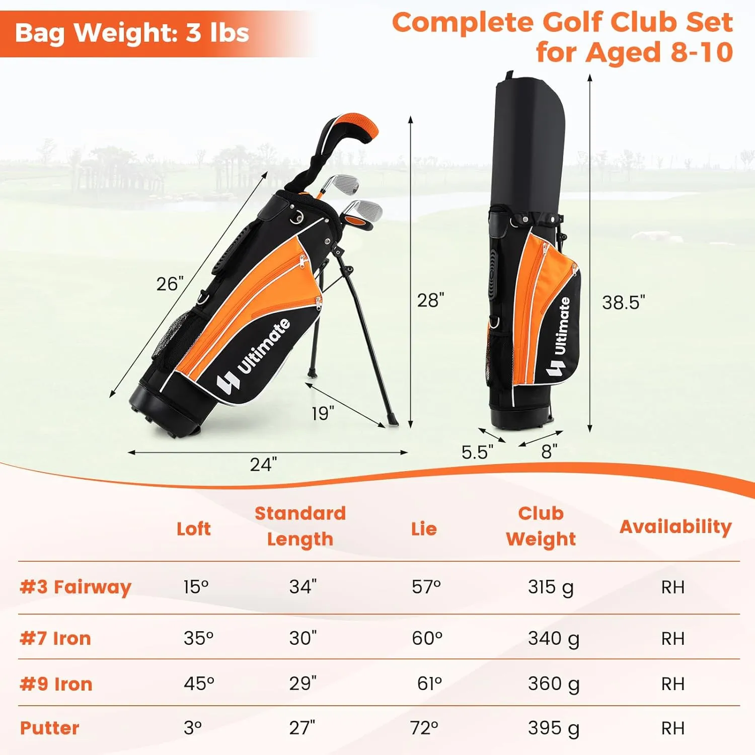 GYMAX Kids Golf Clubs, Junior Golf Set for Right Hand Includes #3 Fairway Wood & #7 & #9 Irons, Putter & Golf Stand Bag, Portable Youth Children Club