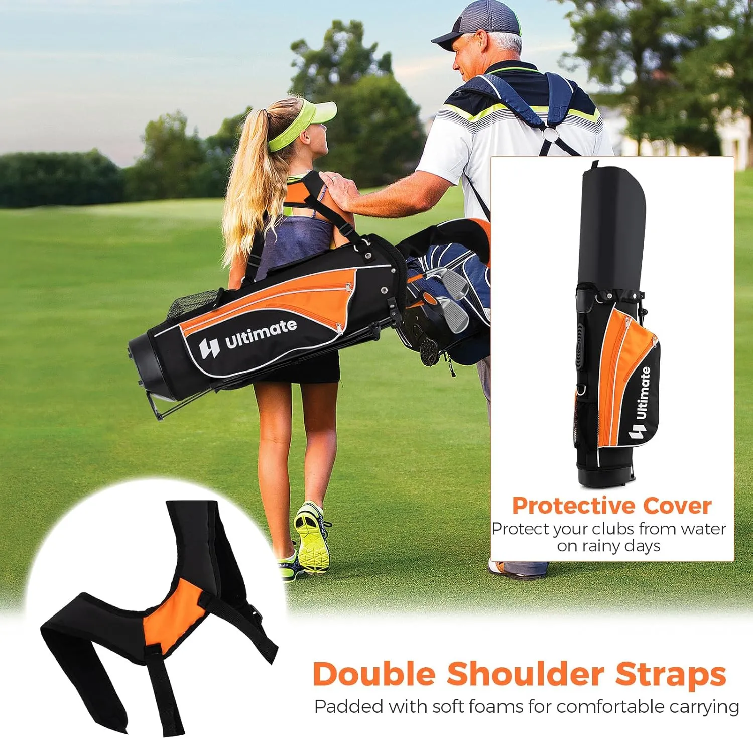 GYMAX Kids Golf Clubs, Junior Golf Set for Right Hand Includes #3 Fairway Wood & #7 & #9 Irons, Putter & Golf Stand Bag, Portable Youth Children Club