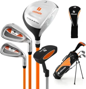 GYMAX Kids Golf Clubs, Junior Golf Set for Right Hand Includes #3 Fairway Wood & #7 & #9 Irons, Putter & Golf Stand Bag, Portable Youth Children Club