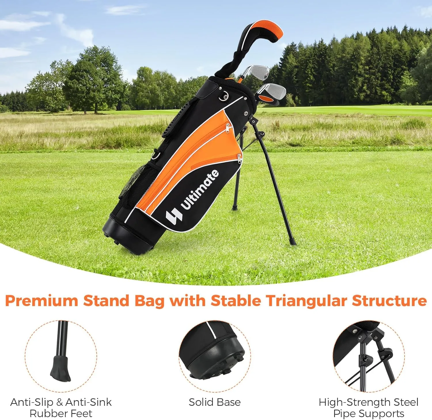 GYMAX Kids Golf Clubs, Junior Golf Set for Right Hand Includes #3 Fairway Wood & #7 & #9 Irons, Putter & Golf Stand Bag, Portable Youth Children Club