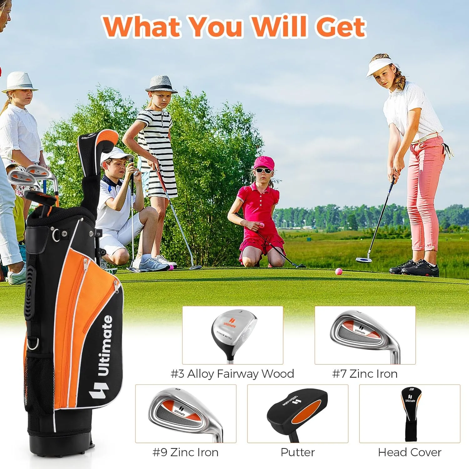 GYMAX Kids Golf Clubs, Junior Golf Set for Right Hand Includes #3 Fairway Wood & #7 & #9 Irons, Putter & Golf Stand Bag, Portable Youth Children Club