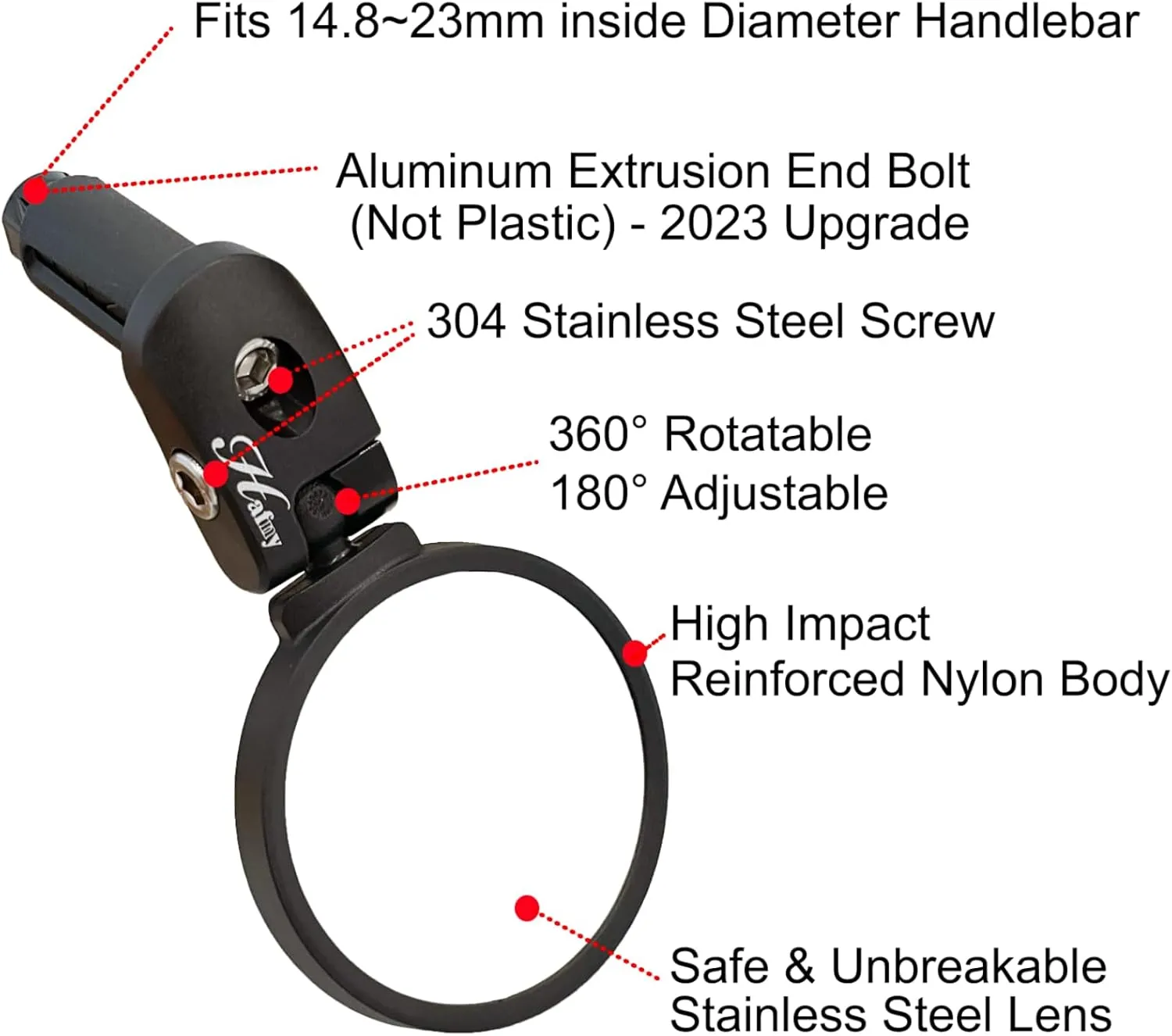 Hafny Bar End Bike / Bicycle Mirror, Stainless Steel Lens , Safe Adjustable Rearview Cycle / E-bike Mirror, HF-MR083 (Black 62mm)