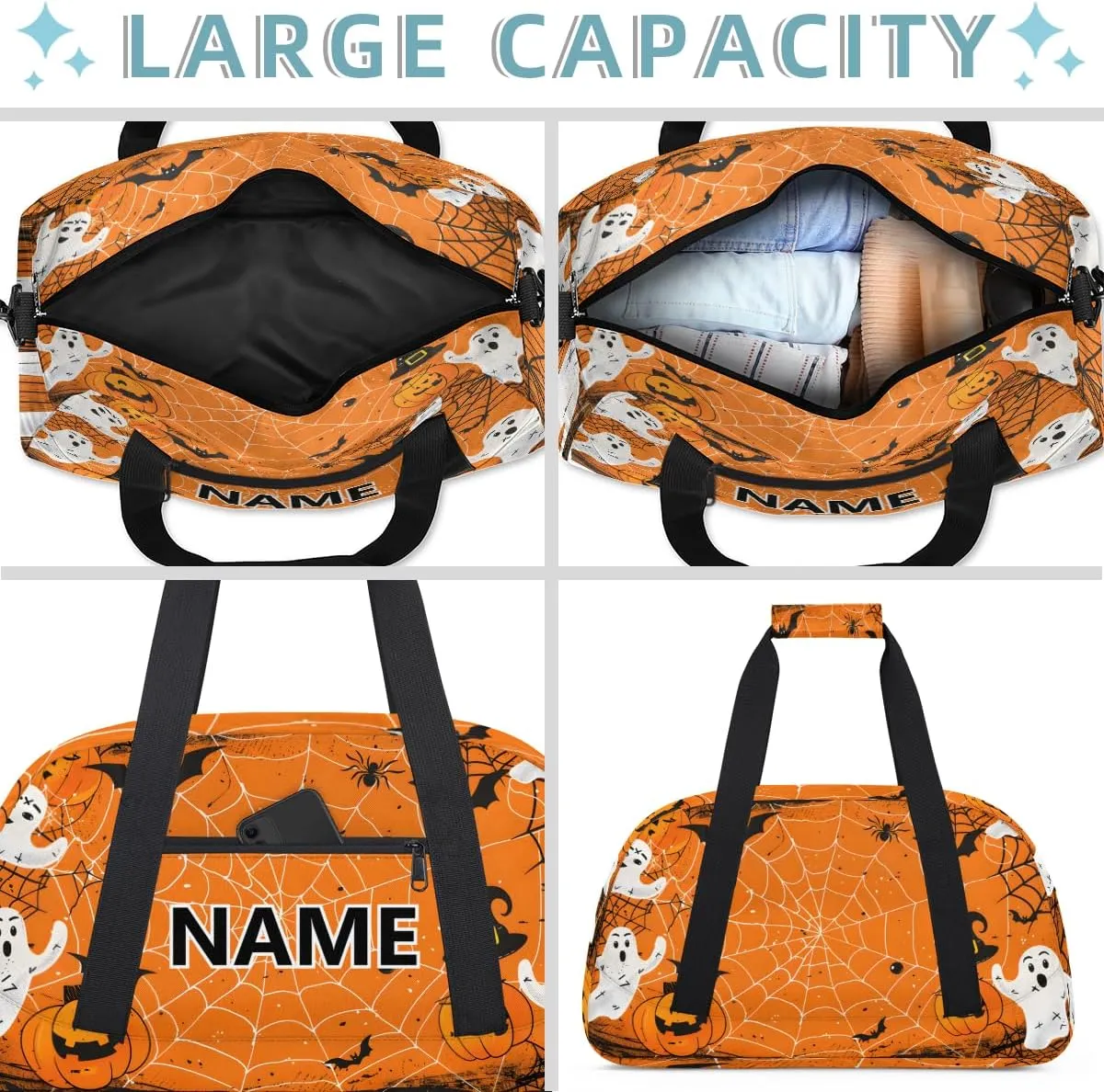 Halloween Custom Small Gym Bag 18 inch for Women Men Personalized Pumpkin Spiders Webs Ghost Halloween Carry On Overnight Weekender Bag for Travel Work Dance Sport