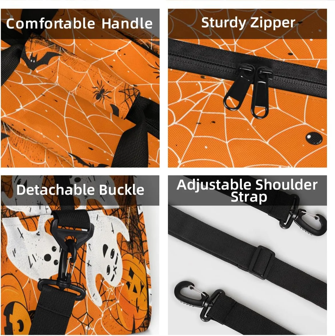 Halloween Custom Small Gym Bag 18 inch for Women Men Personalized Pumpkin Spiders Webs Ghost Halloween Carry On Overnight Weekender Bag for Travel Work Dance Sport