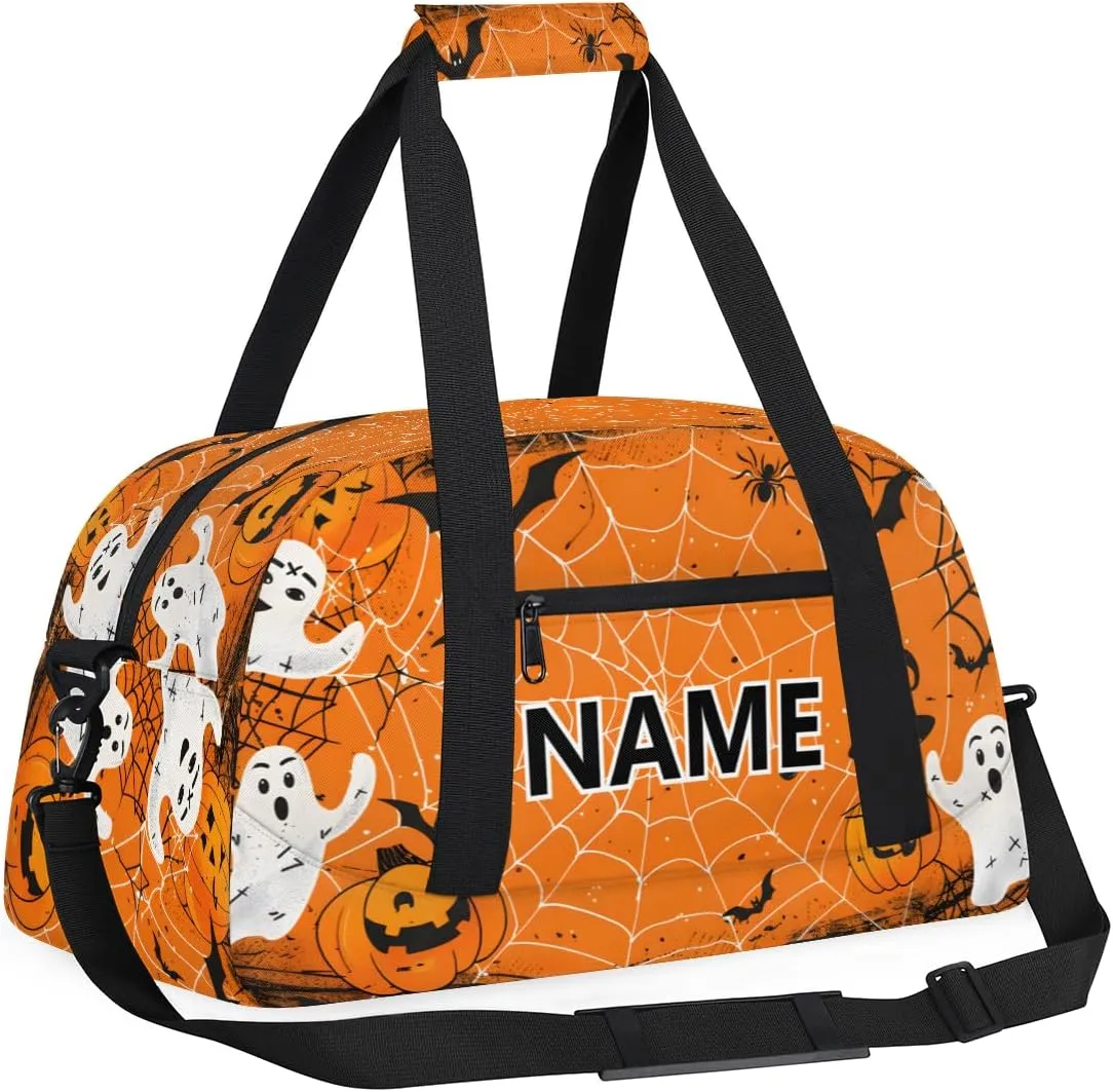 Halloween Custom Small Gym Bag 18 inch for Women Men Personalized Pumpkin Spiders Webs Ghost Halloween Carry On Overnight Weekender Bag for Travel Work Dance Sport