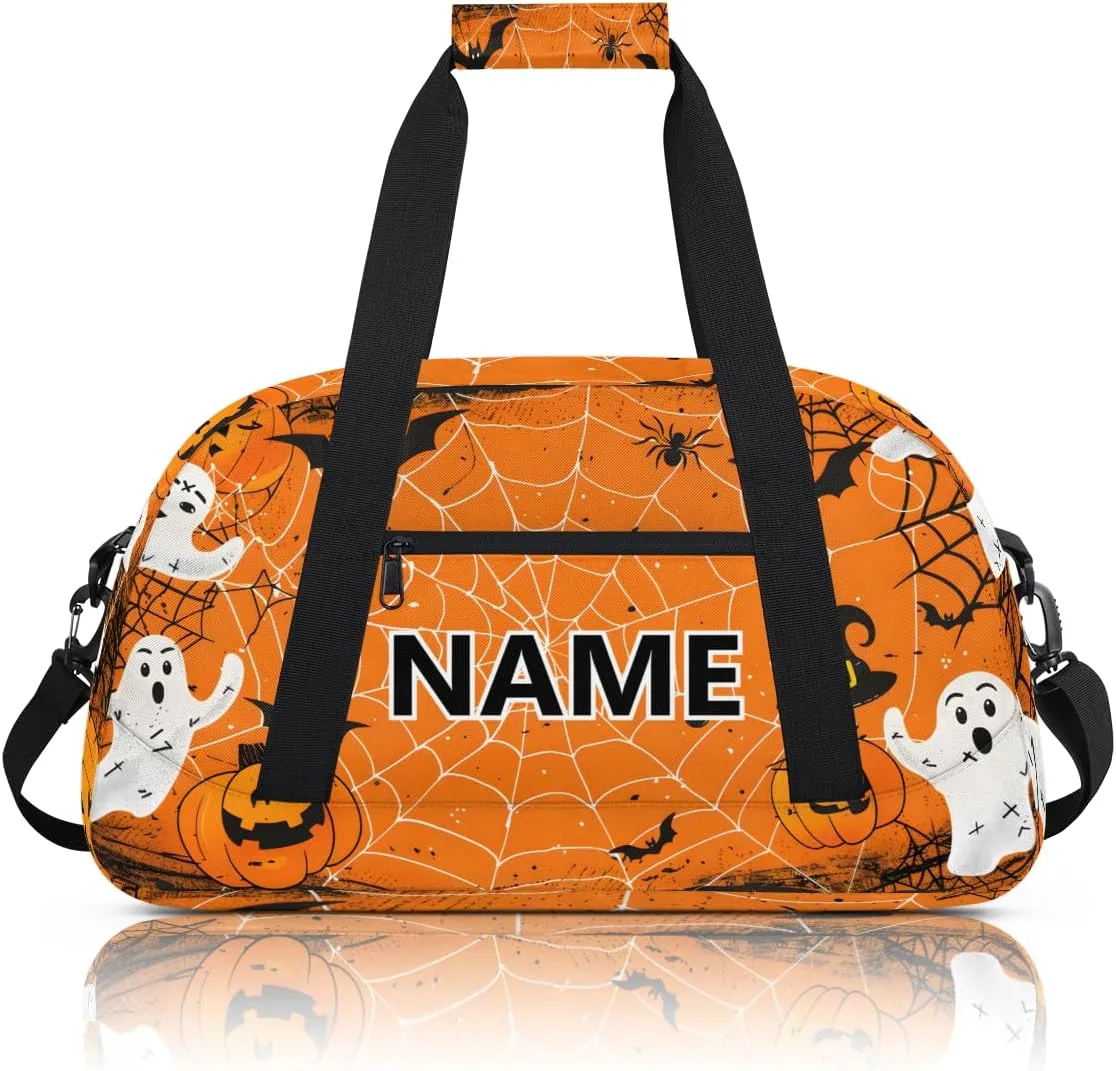 Halloween Custom Small Gym Bag 18 inch for Women Men Personalized Pumpkin Spiders Webs Ghost Halloween Carry On Overnight Weekender Bag for Travel Work Dance Sport
