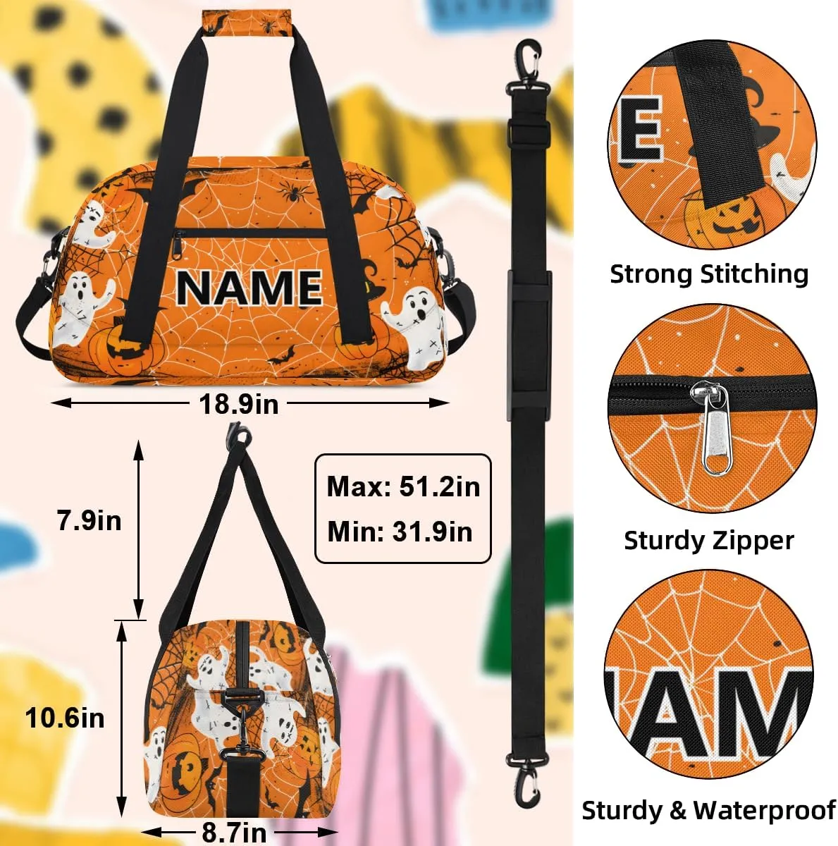 Halloween Custom Small Gym Bag 18 inch for Women Men Personalized Pumpkin Spiders Webs Ghost Halloween Carry On Overnight Weekender Bag for Travel Work Dance Sport
