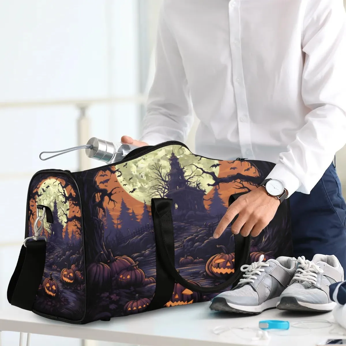 Halloween Pumpkins Castle Ghost Travel Duffel Bag for Women Men Waterproof Foldable Overnight Weekender Bag Large Capacity Sports Gym Bag