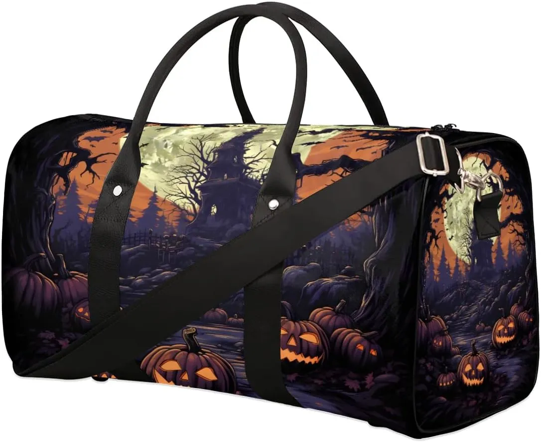 Halloween Pumpkins Castle Ghost Travel Duffel Bag for Women Men Waterproof Foldable Overnight Weekender Bag Large Capacity Sports Gym Bag
