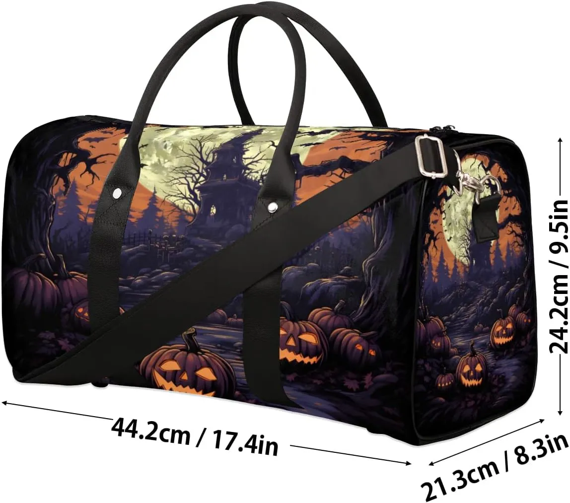 Halloween Pumpkins Castle Ghost Travel Duffel Bag for Women Men Waterproof Foldable Overnight Weekender Bag Large Capacity Sports Gym Bag